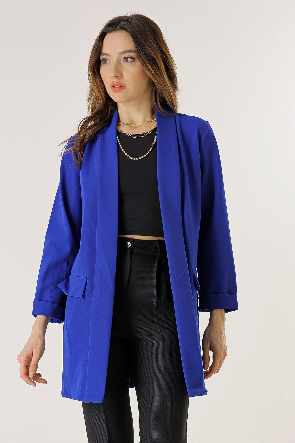 S-23K4140010Şal Yaka Likralı Uzun Ceket