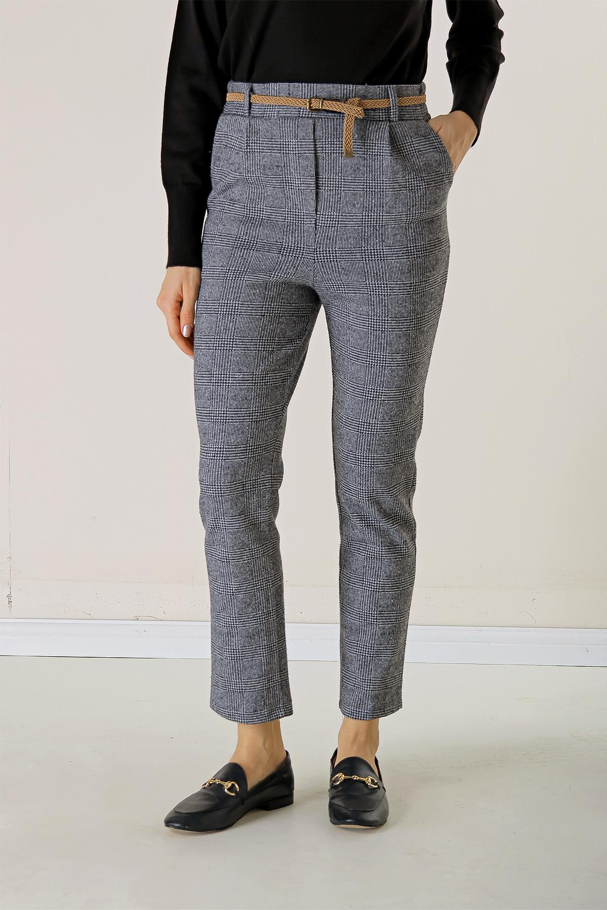 S-23K4140051Bel Lastikli Kemerli Yandan Cepli Ekose Dar Paça Pantolon