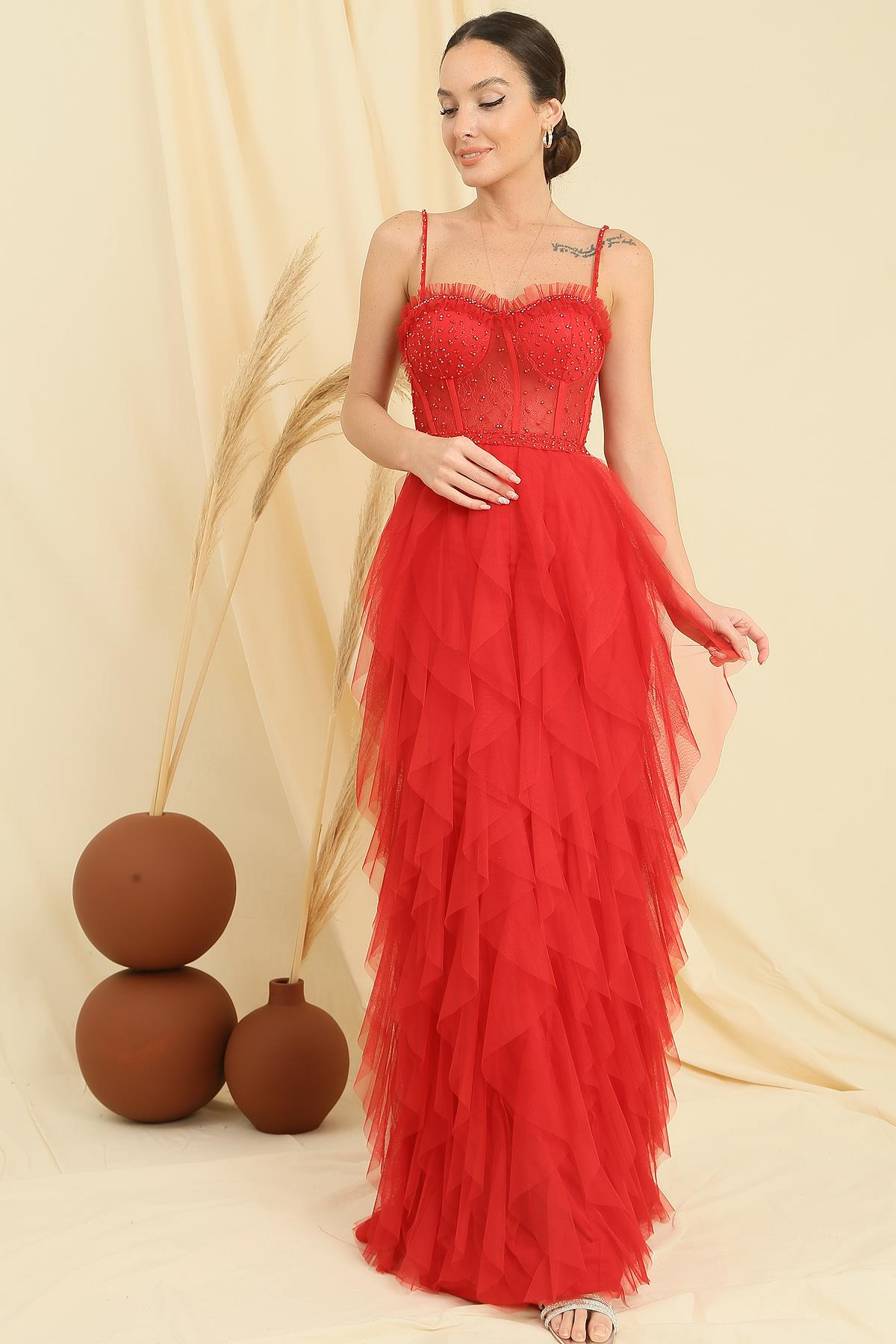 S-23K4150002Strapless Tulle Long Dress Straps Beads Fringed Handkerchief Ip Lined