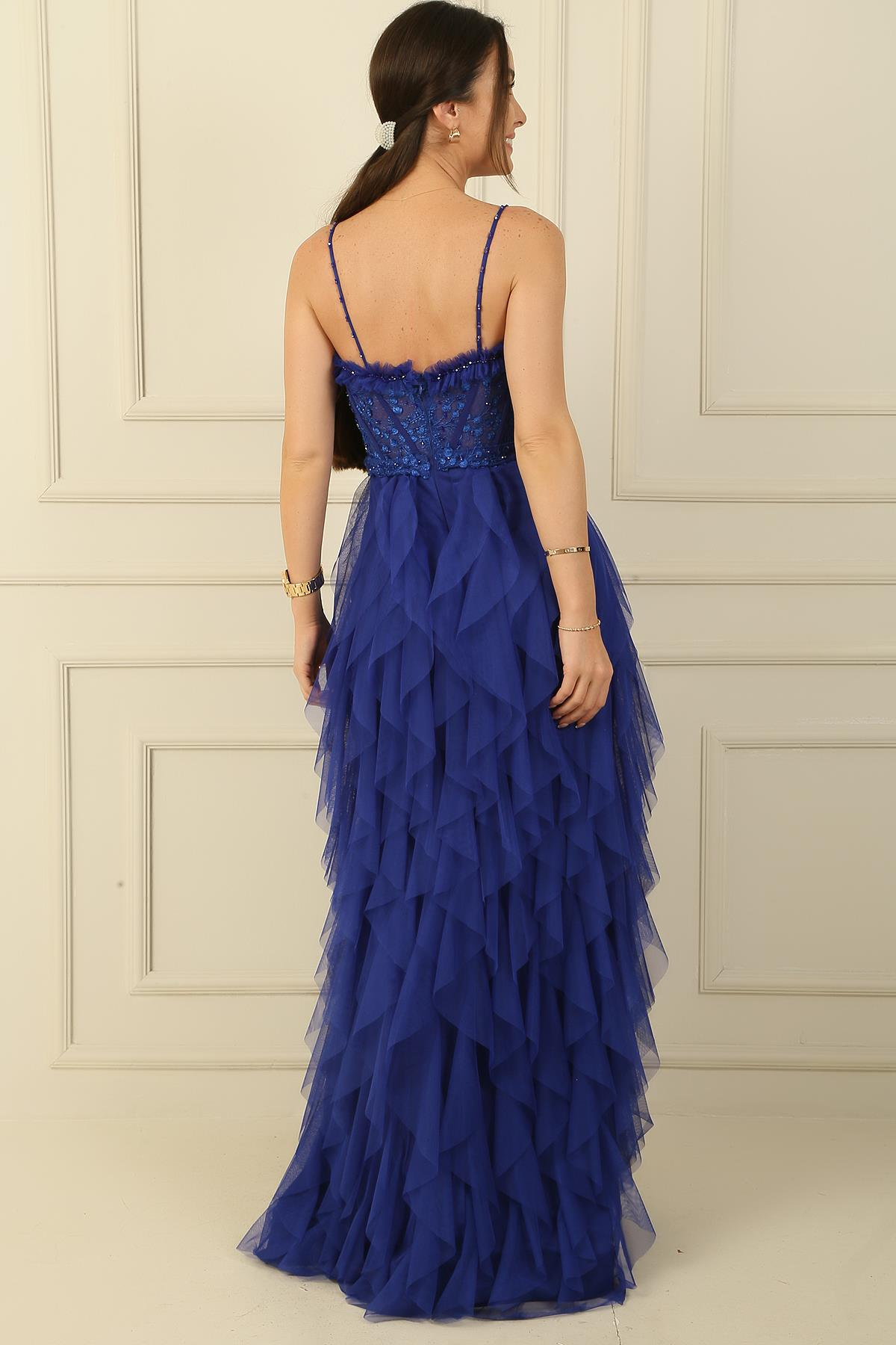 S-23K4150002Strapless Tulle Long Dress Straps Beads Fringed Handkerchief Ip Lined