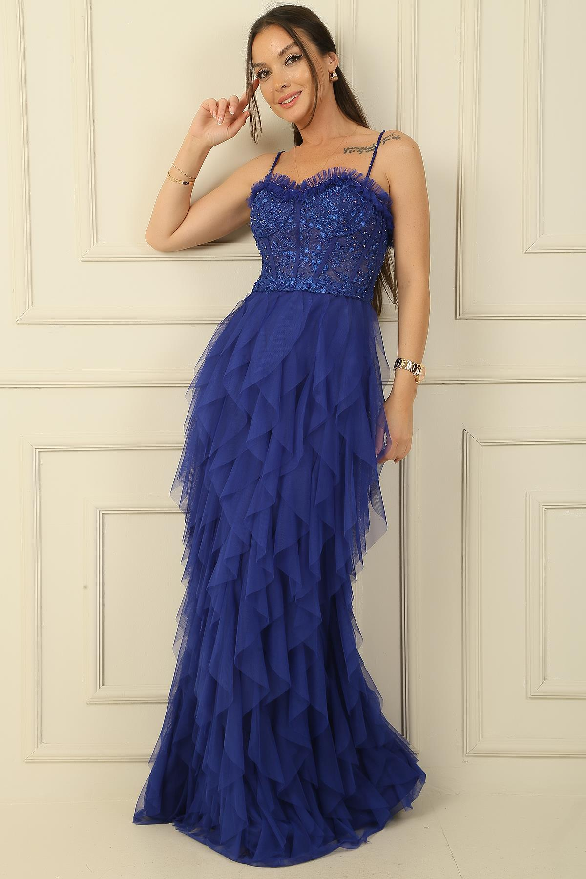 S-23K4150002Strapless Tulle Long Dress Straps Beads Fringed Handkerchief Ip Lined