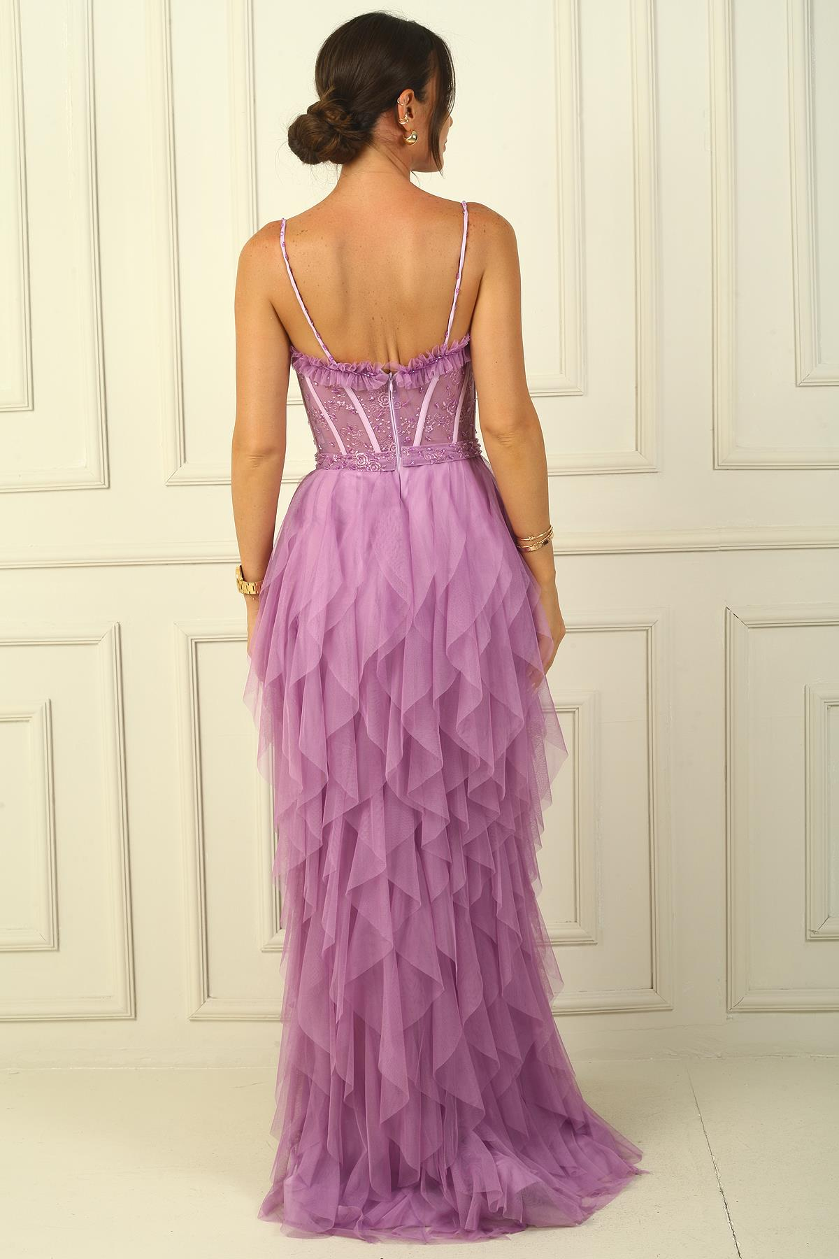 S-23K4150002Boncuk İp Askılı Straplez Mendil Saçaklı Astarlı Uzun Tül Elbise