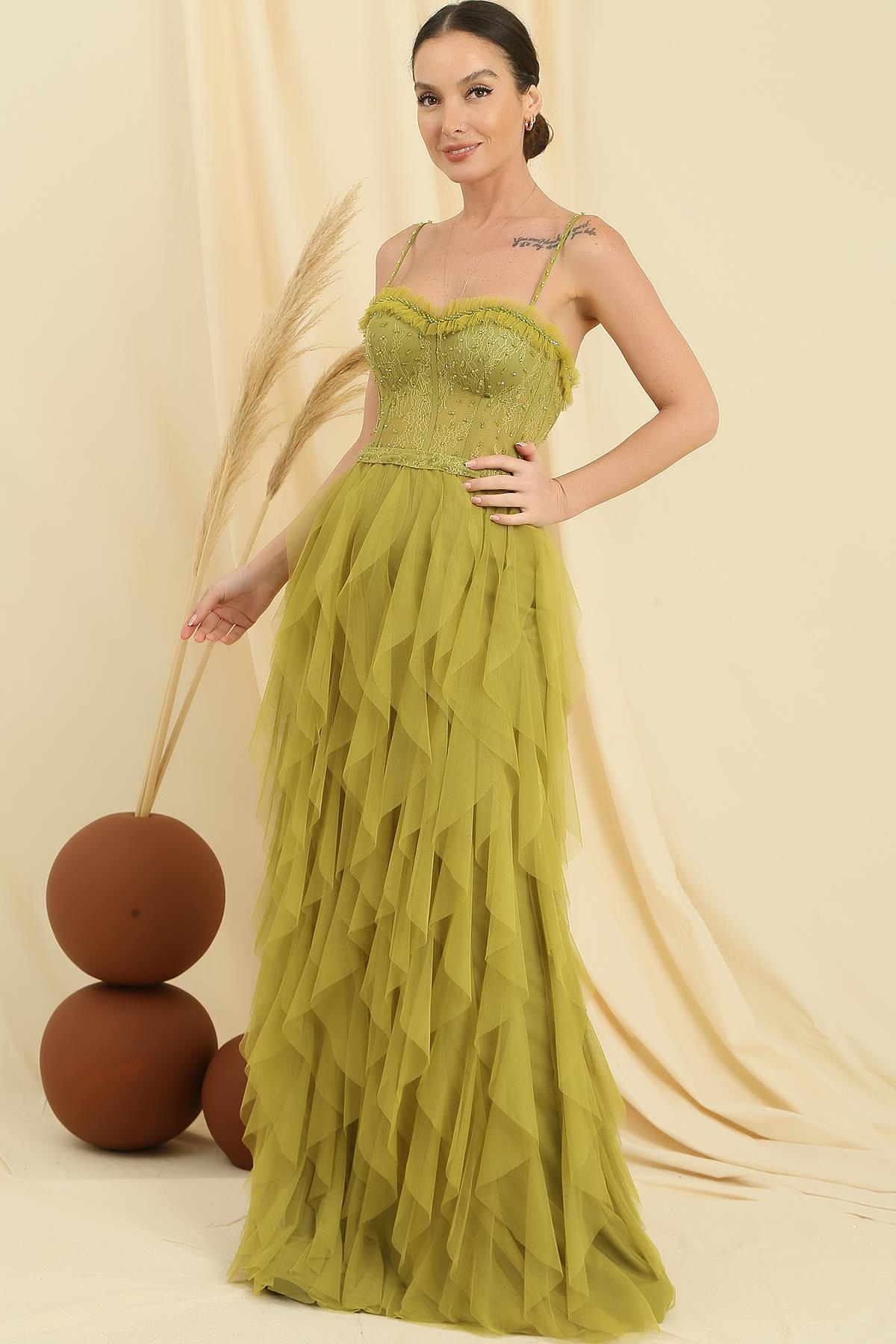 S-23K4150002Strapless Tulle Long Dress Straps Beads Fringed Handkerchief Ip Lined