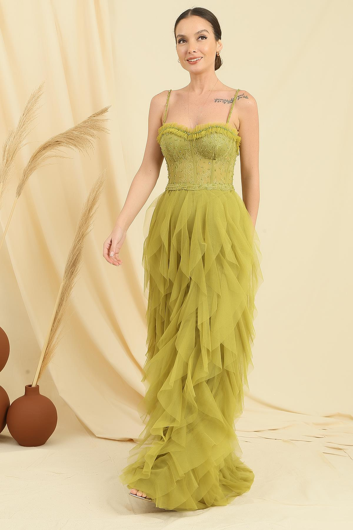 S-23K4150002Strapless Tulle Long Dress Straps Beads Fringed Handkerchief Ip Lined