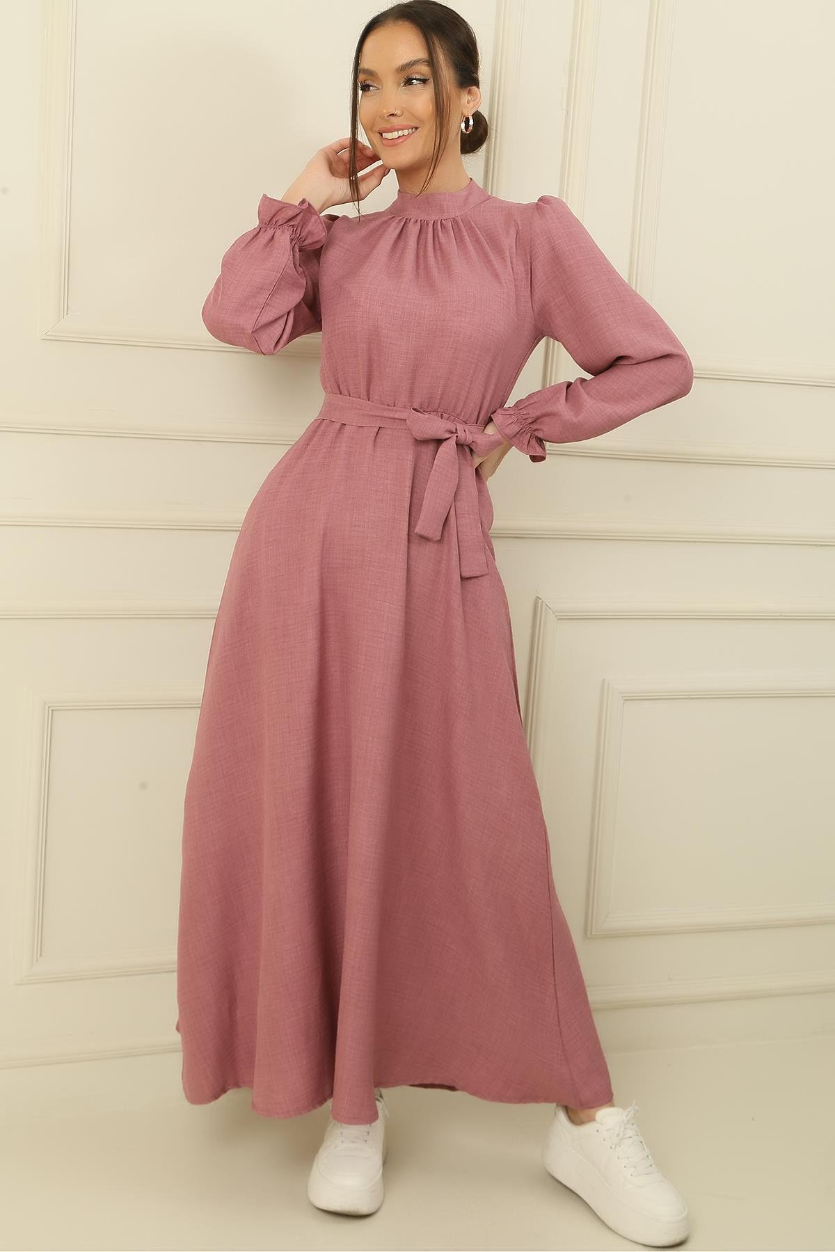 S-23K4160002Long dress with belted waist and side pockets linen Effect