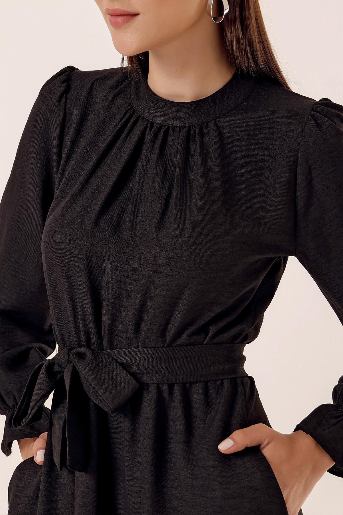 S-23K4160002Long dress with belted waist and side pockets linen Effect