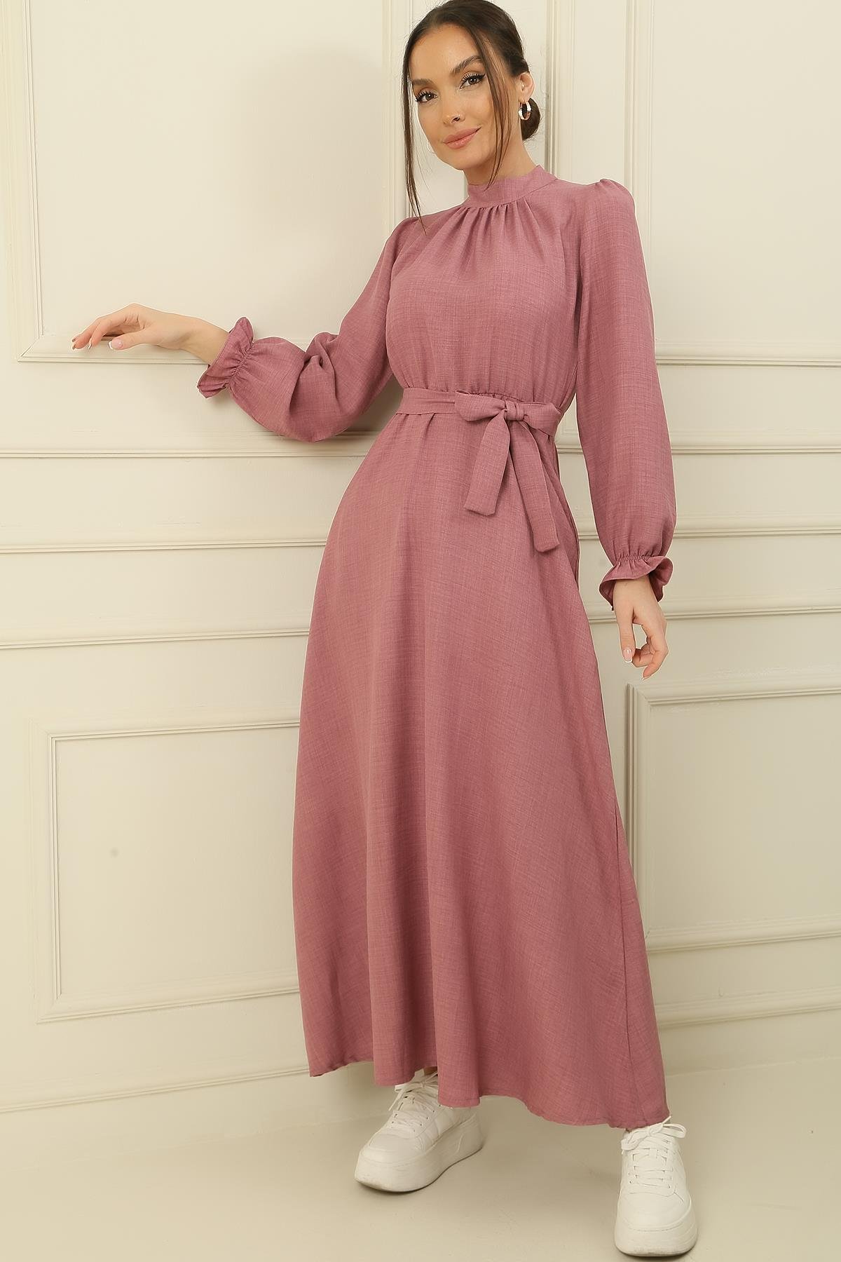 S-23K4160002Long dress with belted waist and side pockets linen Effect