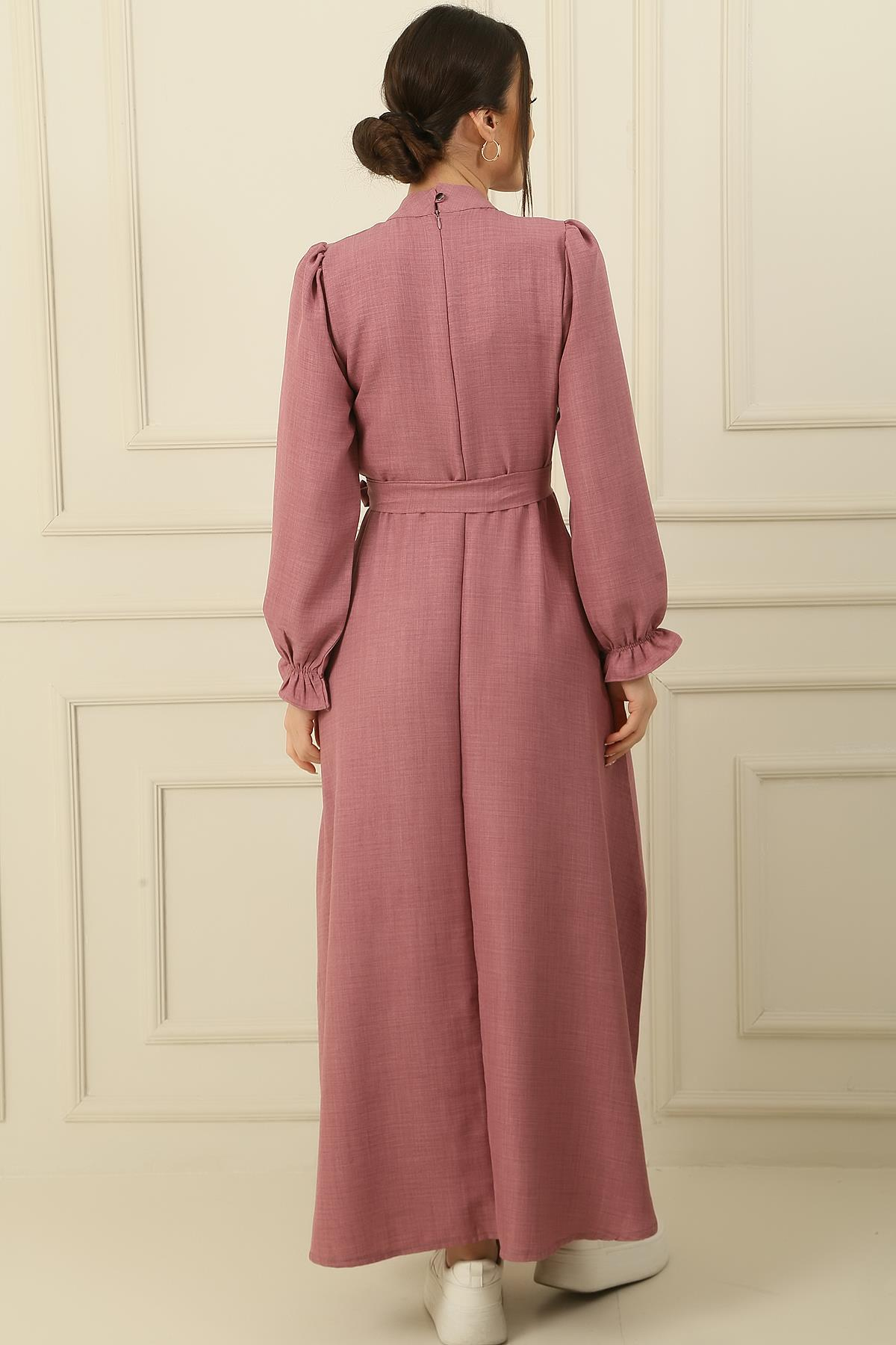S-23K4160002Long dress with belted waist and side pockets linen Effect