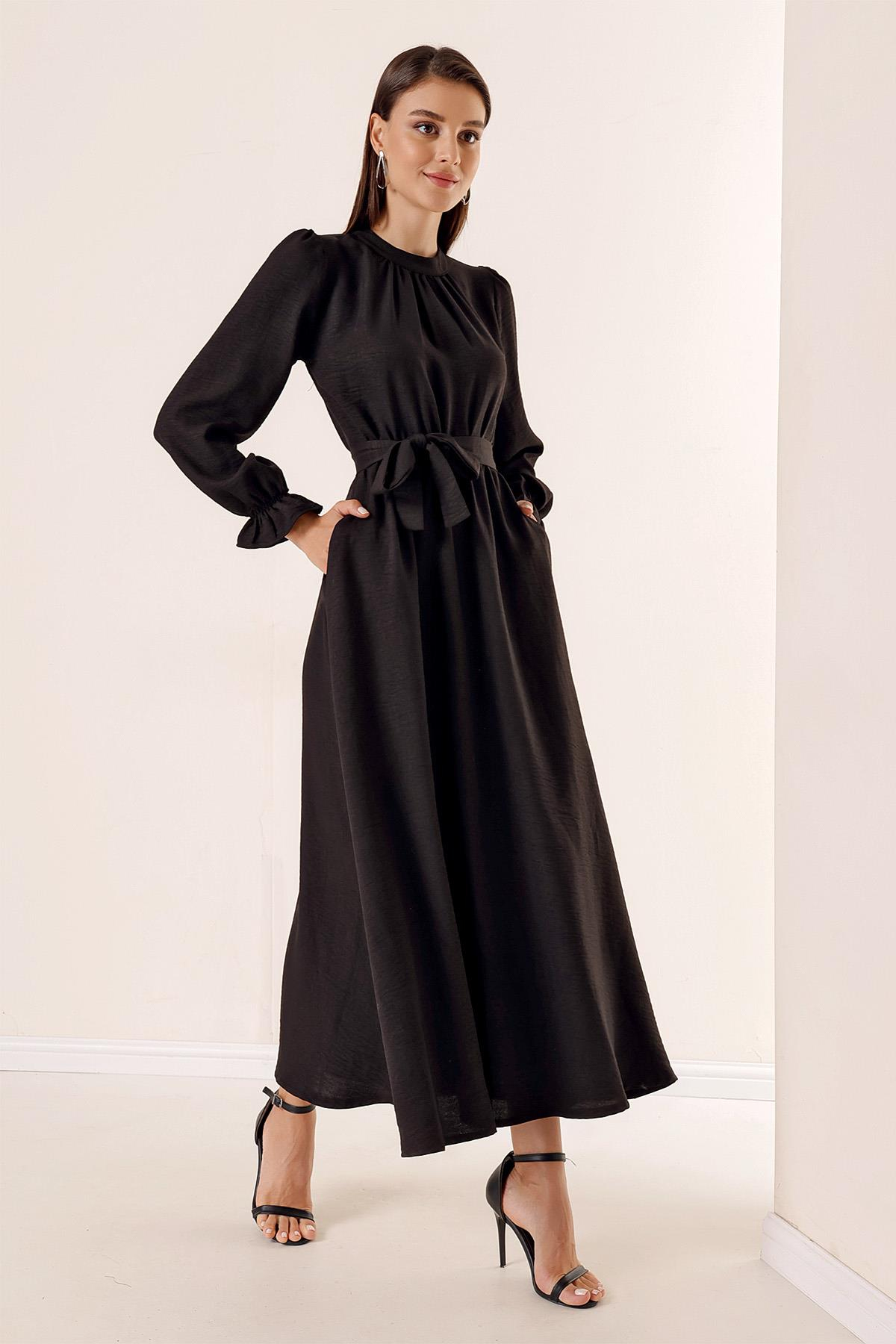 S-23K4160002Long dress with belted waist and side pockets linen Effect