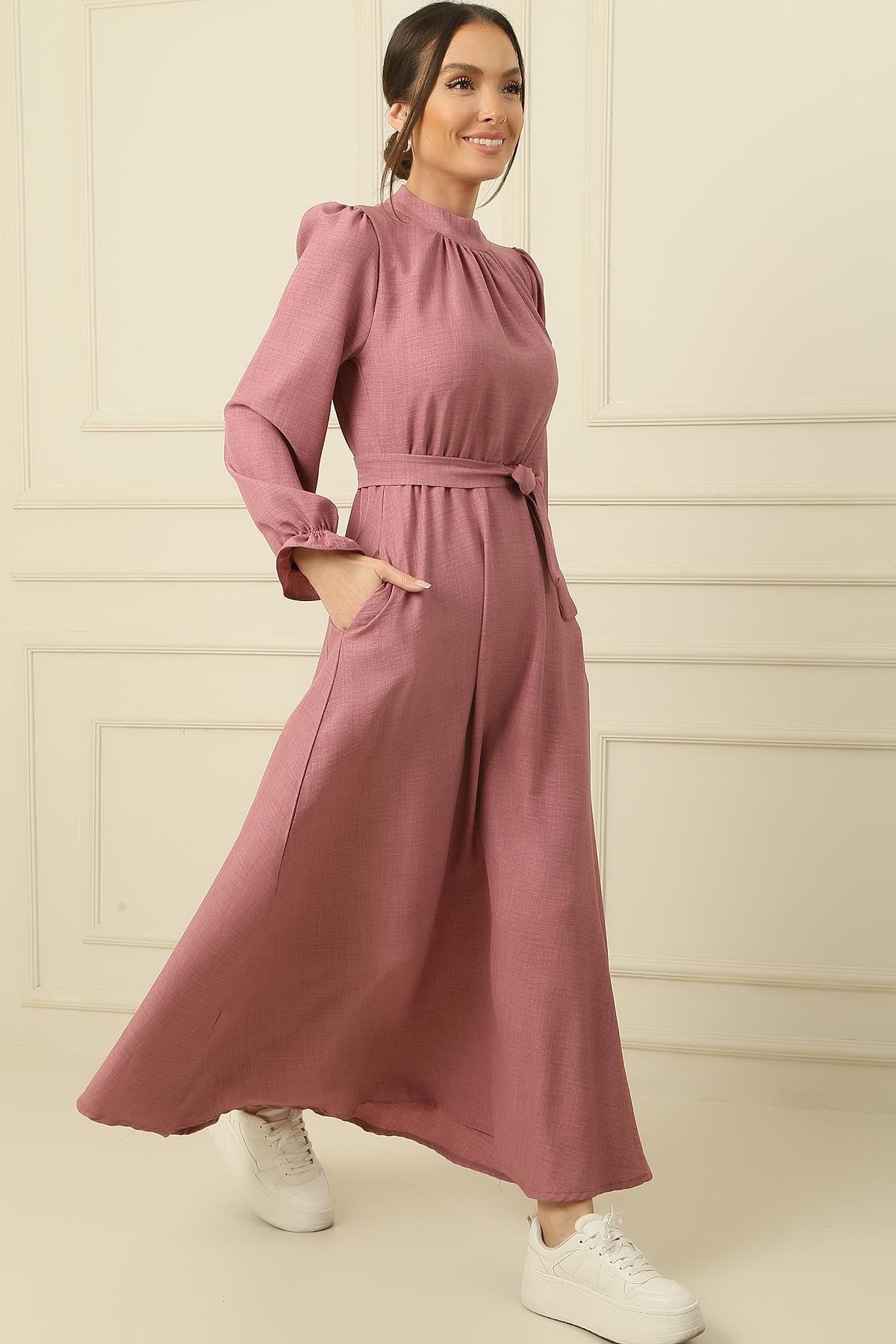 S-23K4160002Long dress with belted waist and side pockets linen Effect