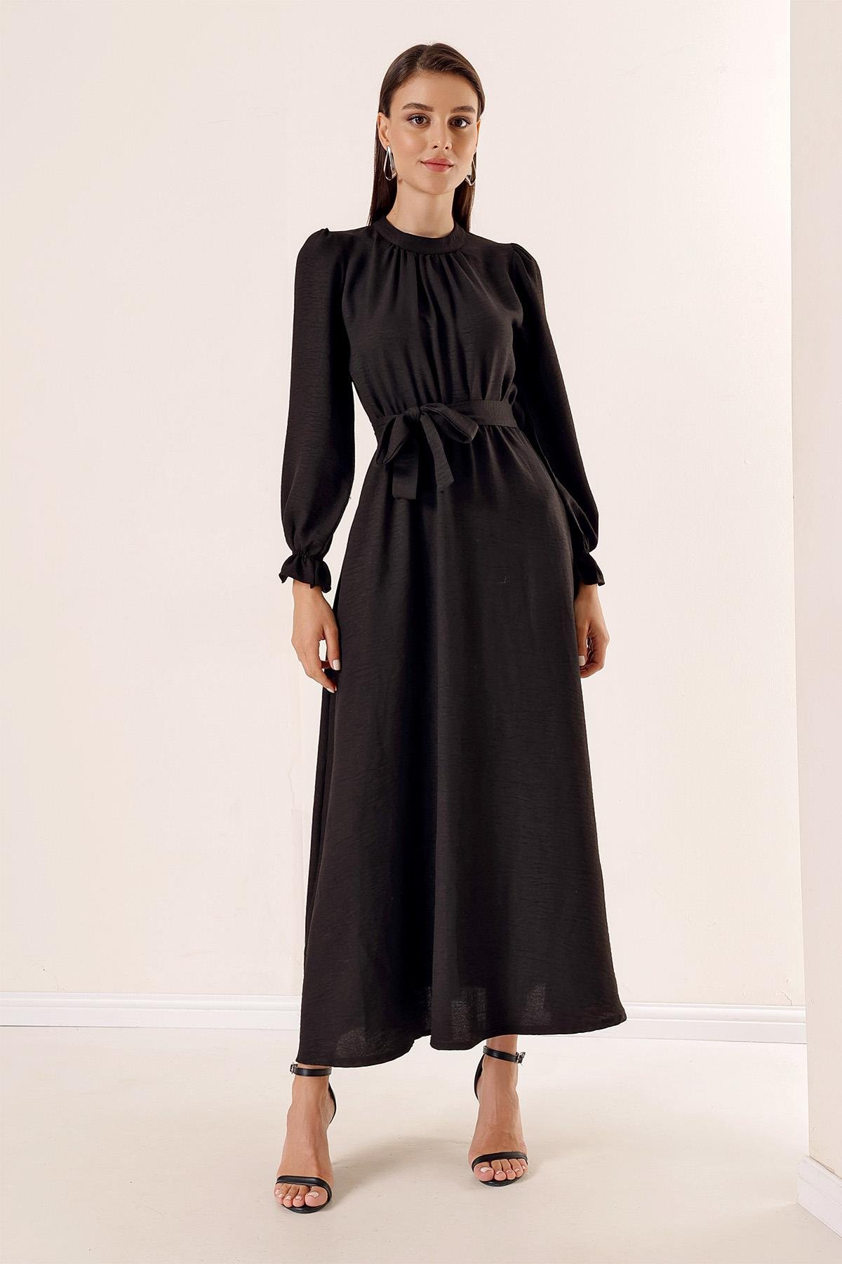 S-23K4160002Long dress with belted waist and side pockets linen Effect