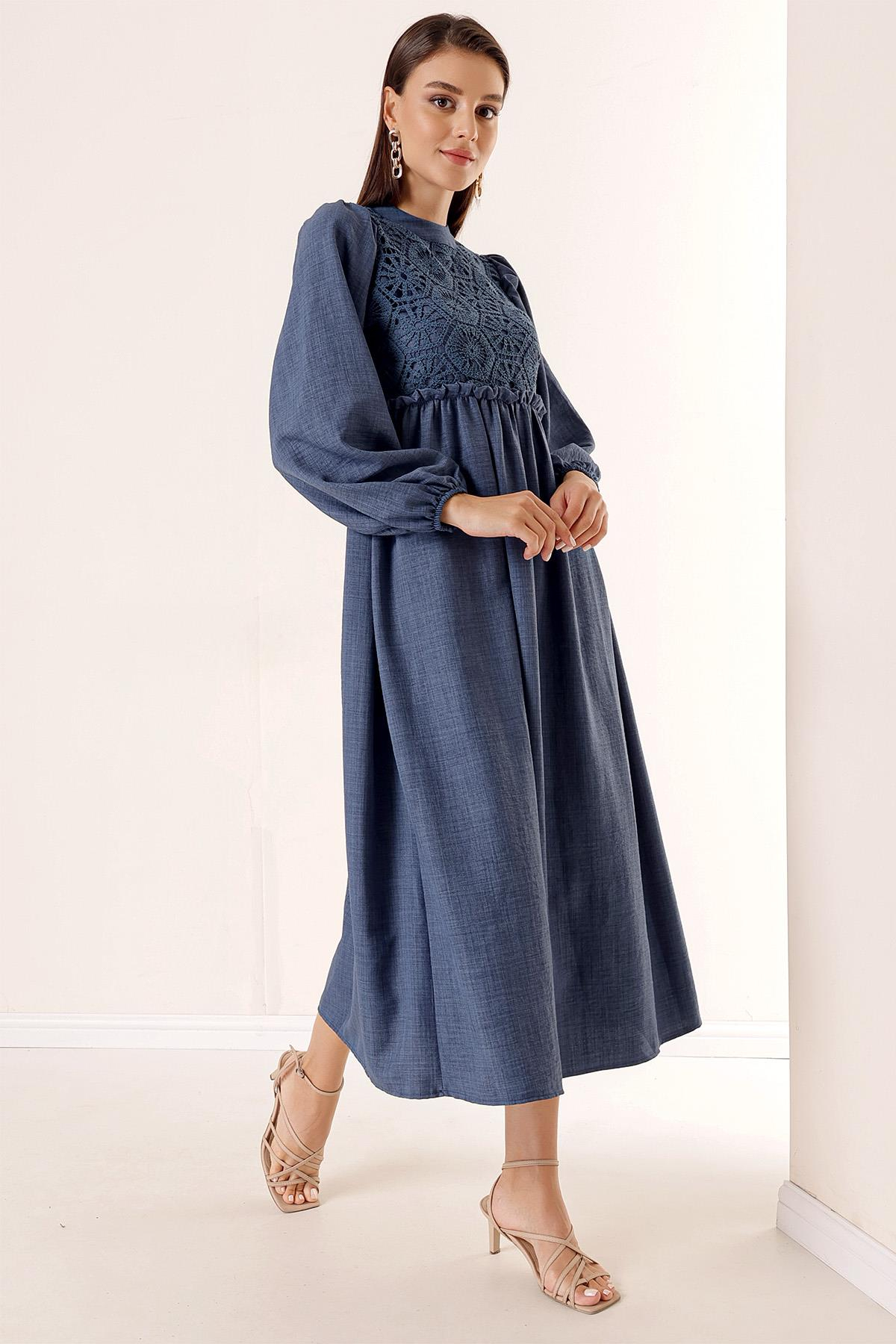 S-23K4160003Long Dress Linen Effect Gupurlu