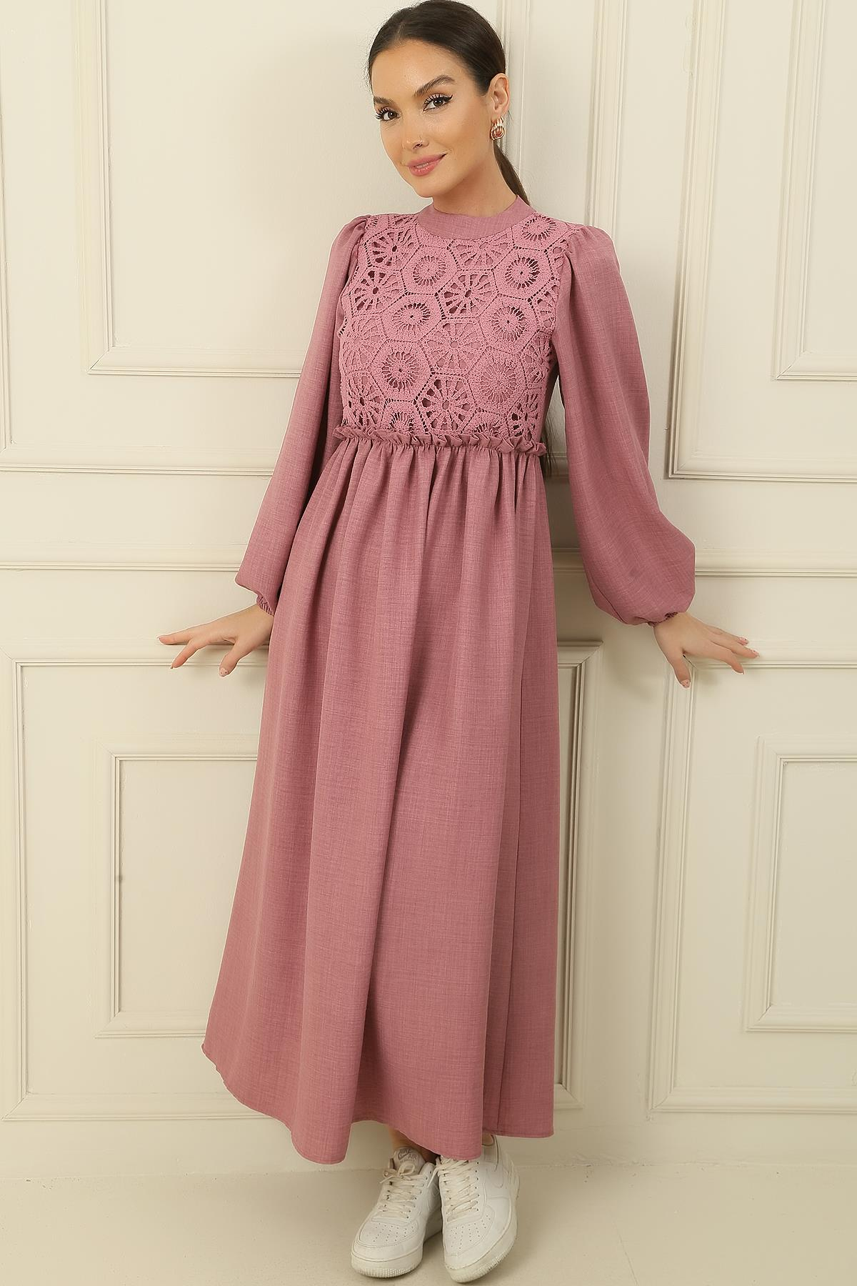 S-23K4160003Long Dress Linen Effect Gupurlu