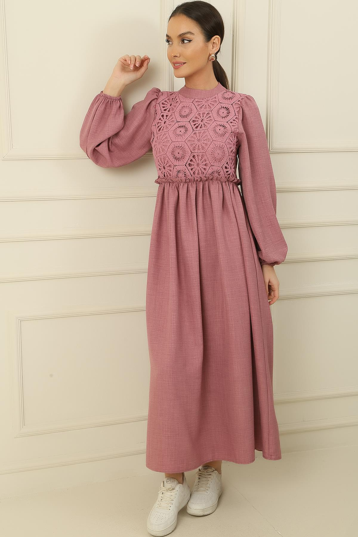 S-23K4160003Long Dress Linen Effect Gupurlu