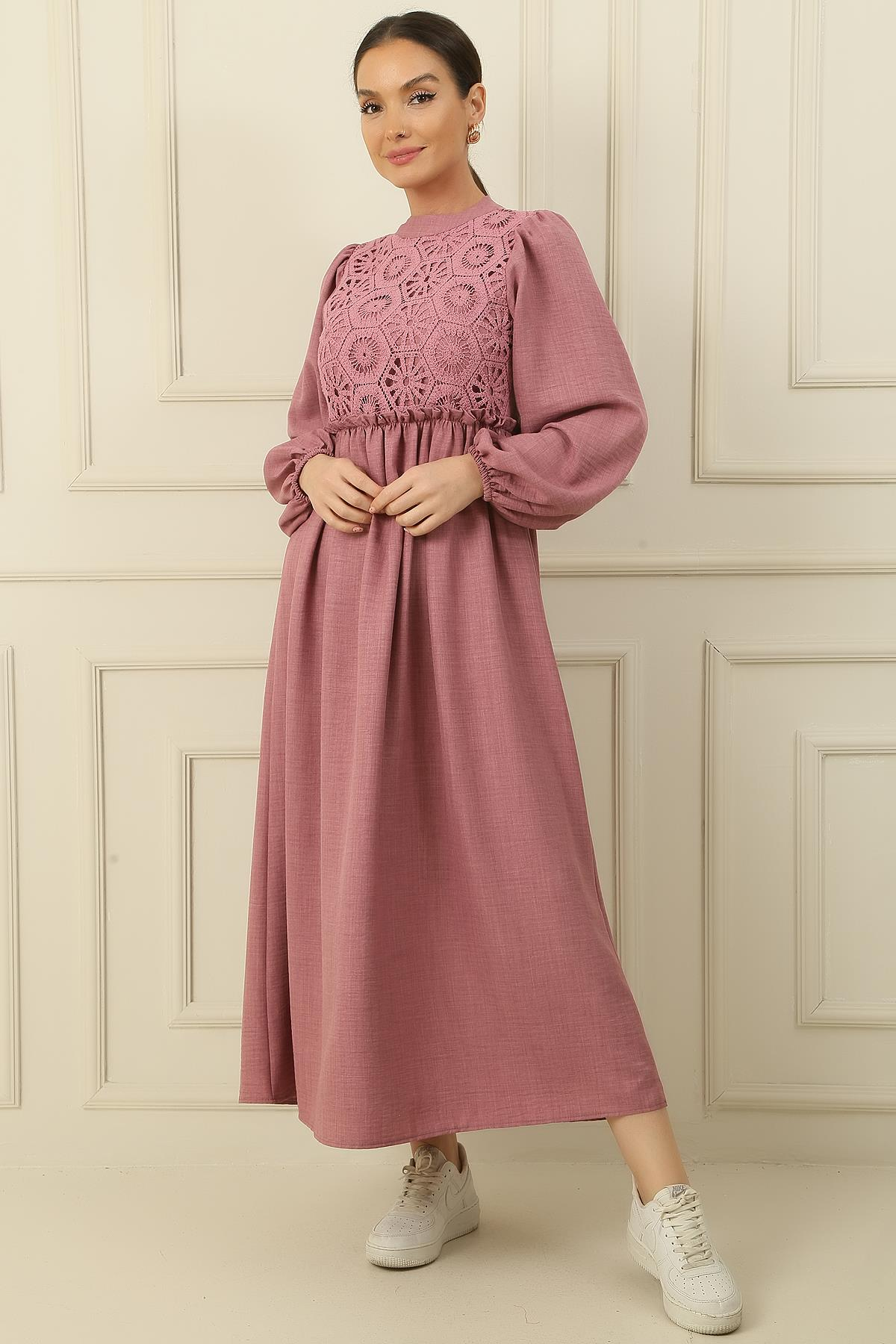 S-23K4160003Long Dress Linen Effect Gupurlu