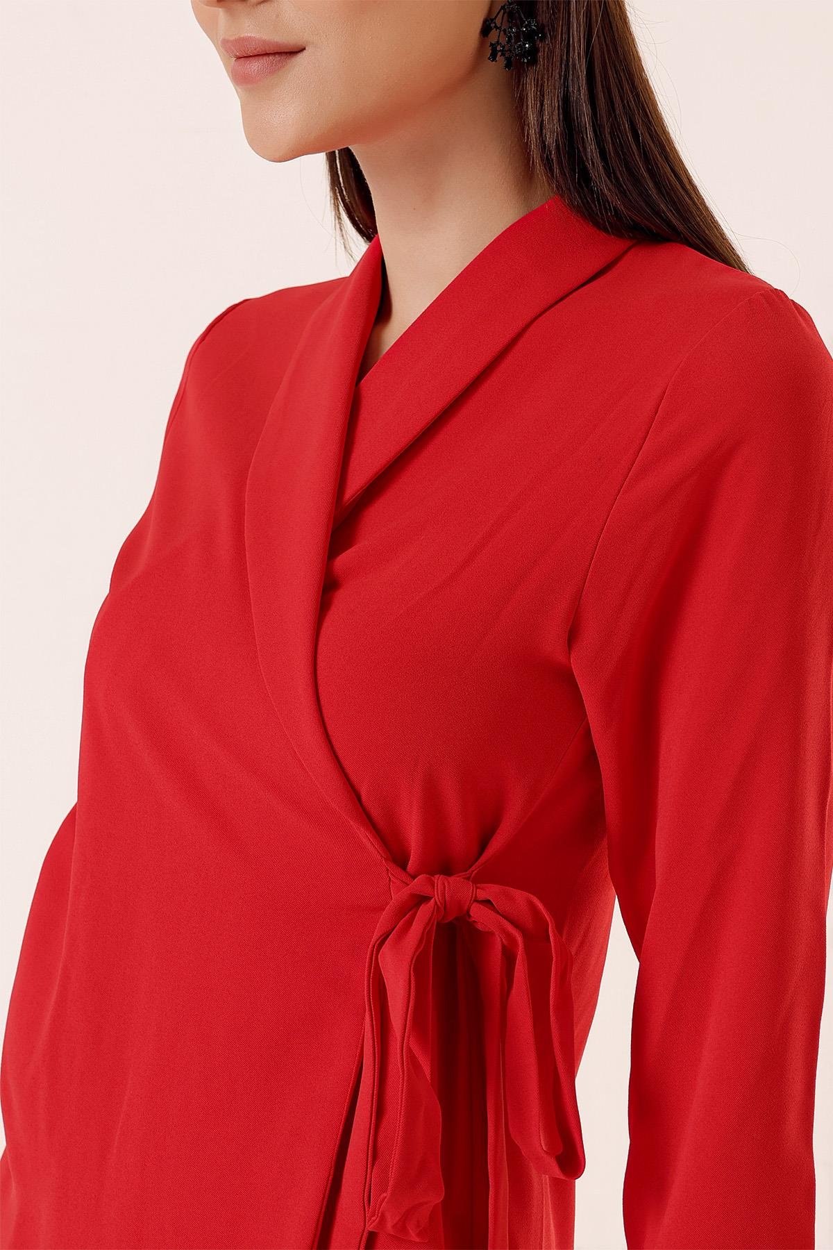 S-23K4160005Long Crepe Crossover Jacket Belted Collar