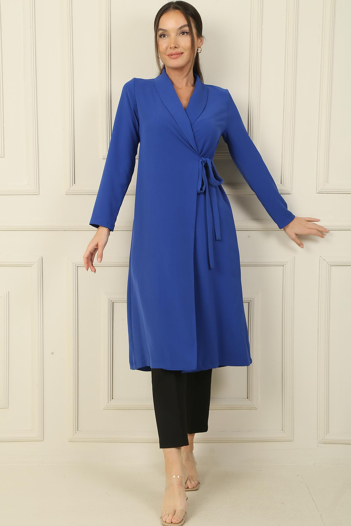 S-23K4160005Long Crepe Crossover Jacket Belted Collar