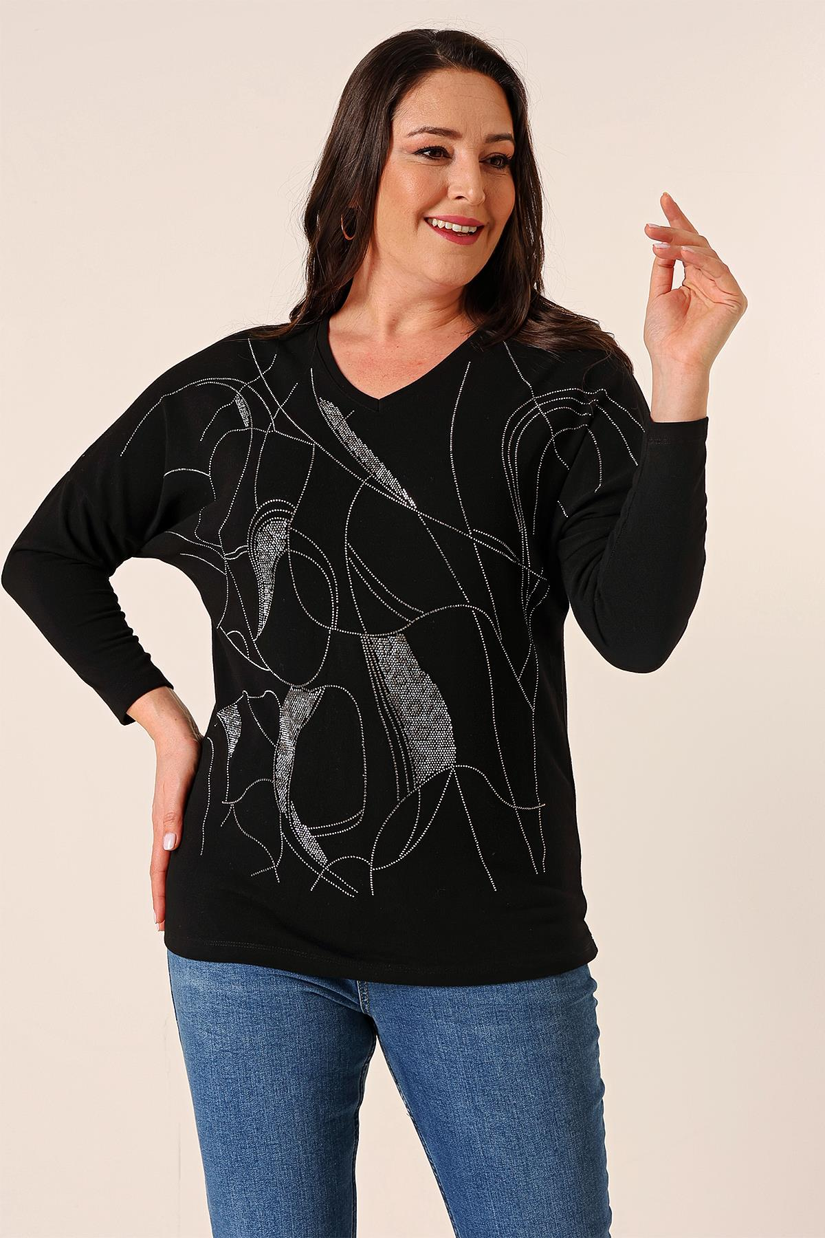 S-23K4170016V-Neck Printed Batwing Sleeve Plus Size Blouse Stone Strawberry