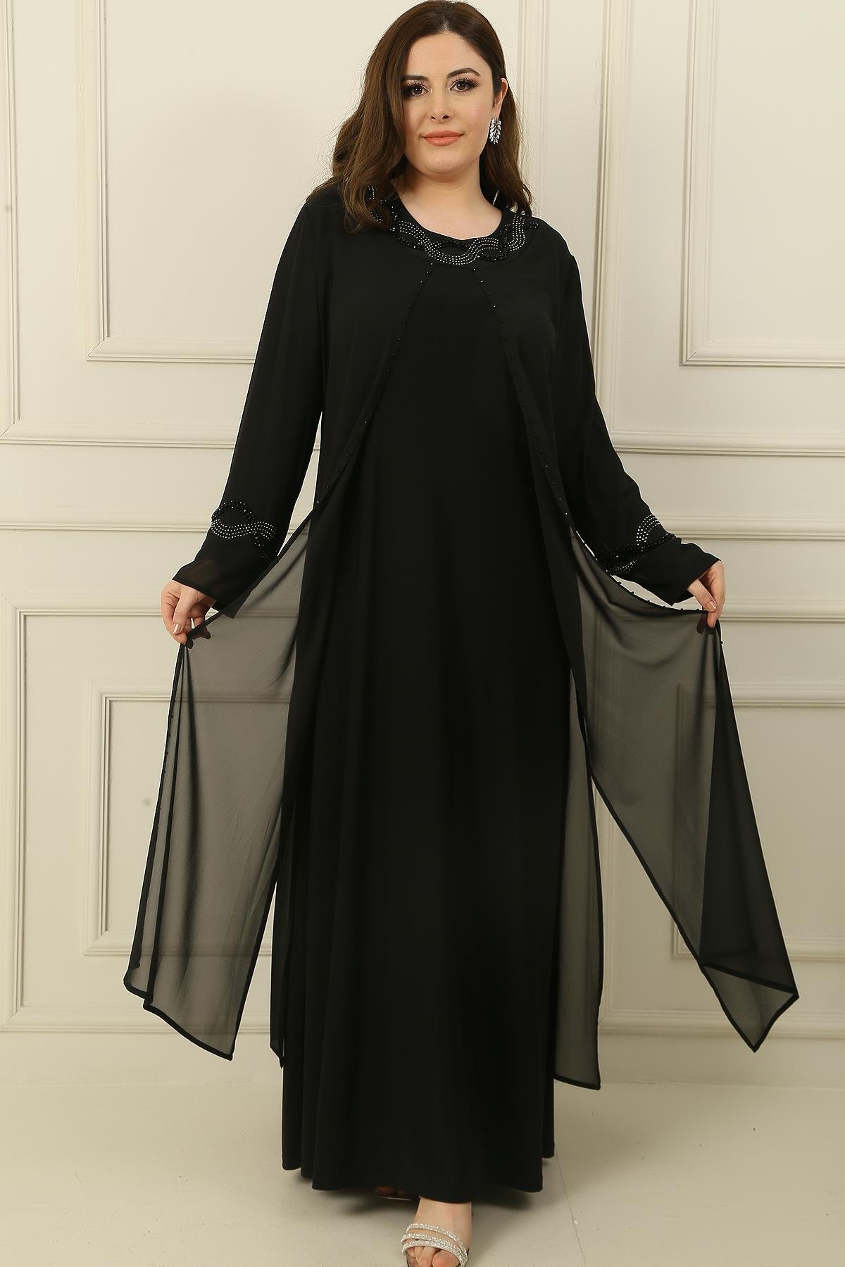 S-23K4180002Sandy Stone Top Plus Size Chiffon Dress Detailed 2-Piece Set