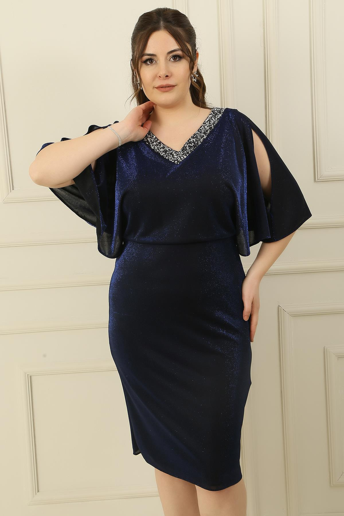 S-23K4250001Ten Arkatasli V-Neck Bat Sleeve Lined Revealing Big Silvery-Waist Dress