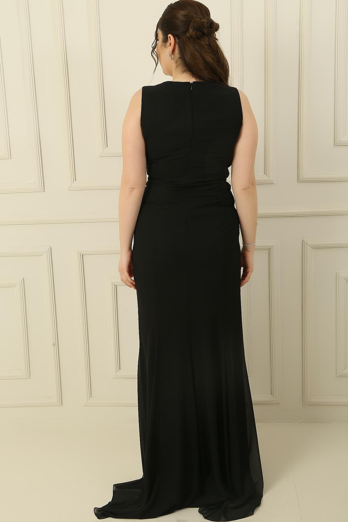 S-24K0230007Kruvaze Yaka Önü Büzgülü Astarlı 2 Renk Büyük Beden Şifon Uzun Elbise