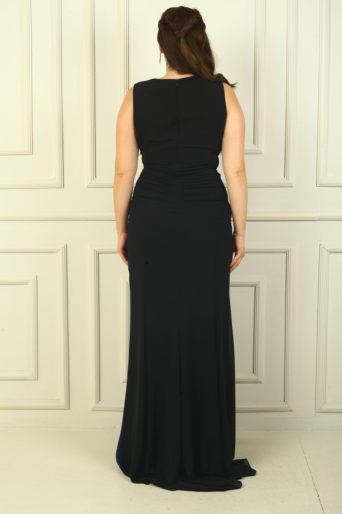 S-24K0230007Kruvaze Yaka Önü Büzgülü Astarlı 2 Renk Büyük Beden Şifon Uzun Elbise