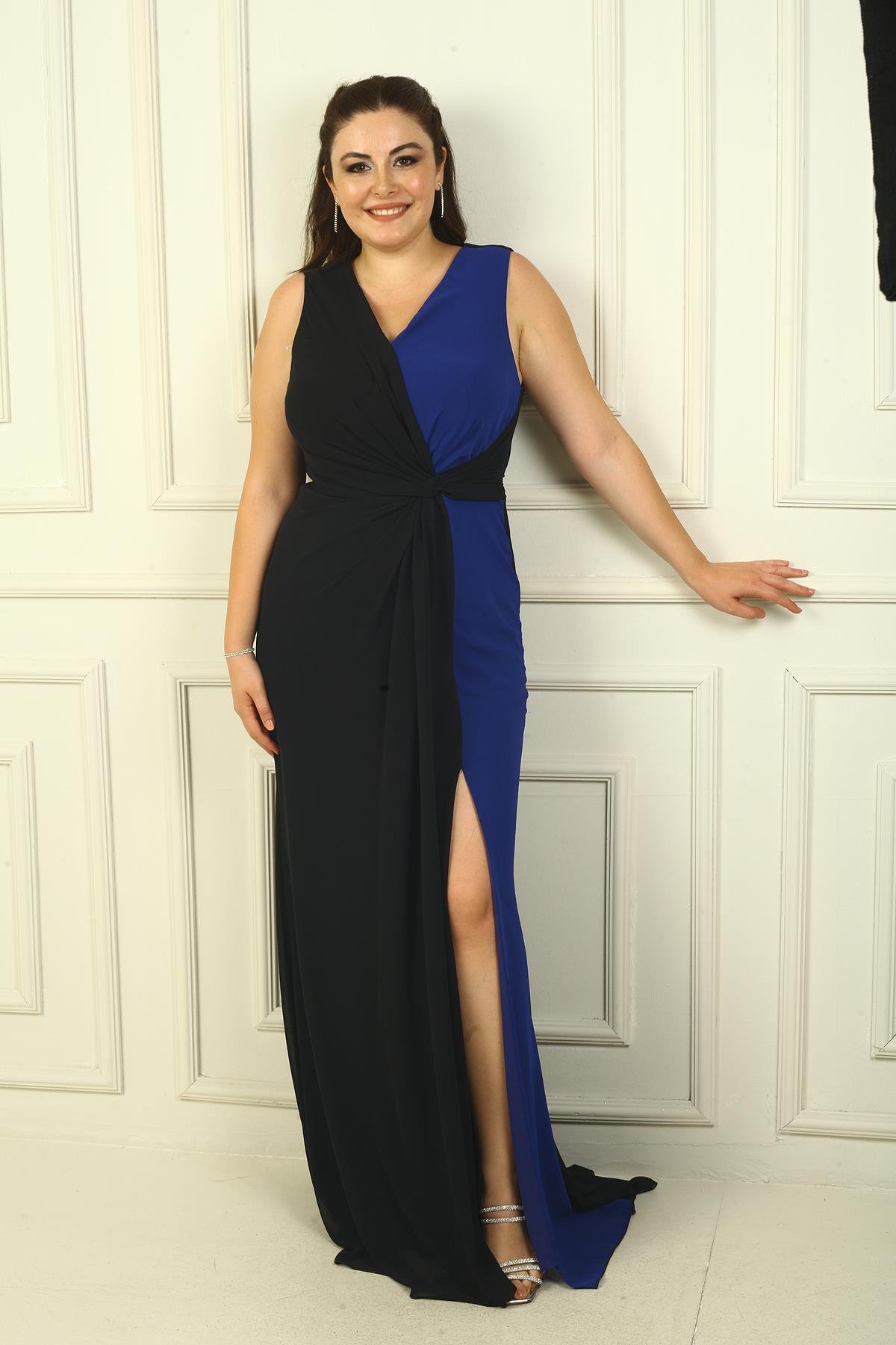 S-24K0230007Kruvaze Yaka Önü Büzgülü Astarlı 2 Renk Büyük Beden Şifon Uzun Elbise