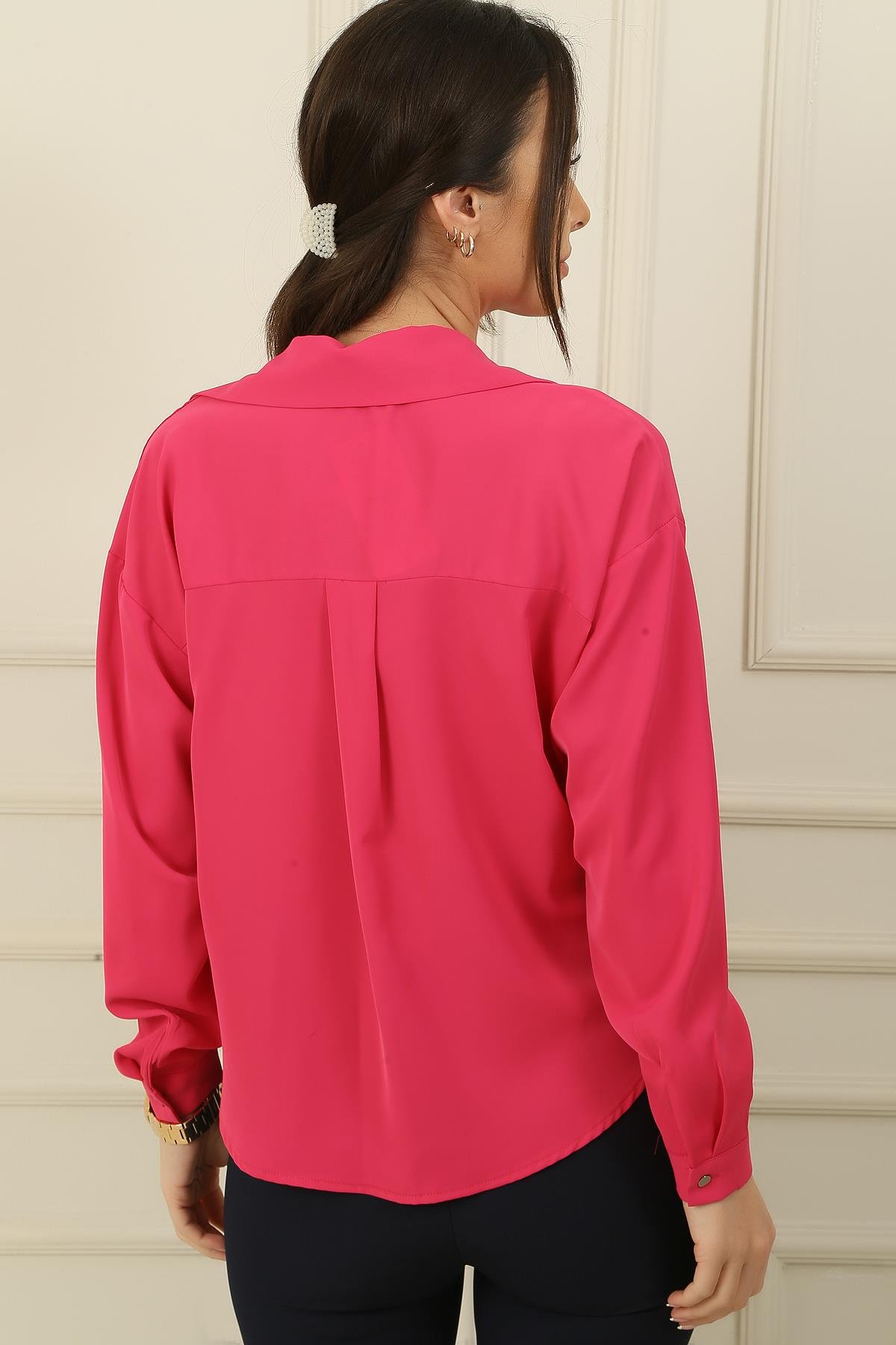 S-24K0840003Önü Düğümlü Mikro Saten Gömlek