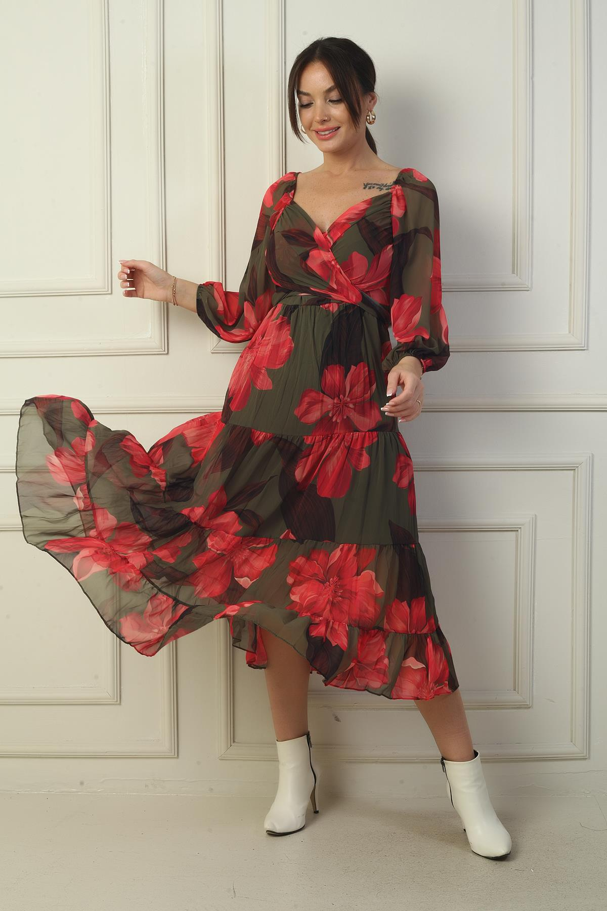 S-24K0840005Madonna Lined Collar Cross-Tied Flowering Double-Breasted Chiffon Dress