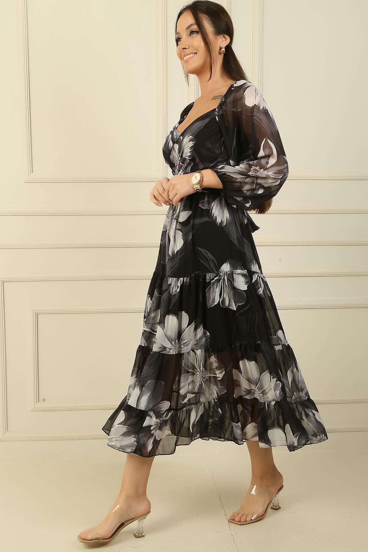 S-24K0840005Madonna Yaka Astarlı Çapraz Bağlamalı Çiçekli Kruvaze Şifon Elbise