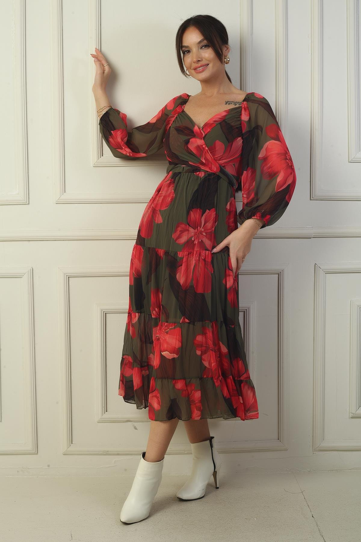 S-24K0840005Madonna Lined Collar Cross-Tied Flowering Double-Breasted Chiffon Dress