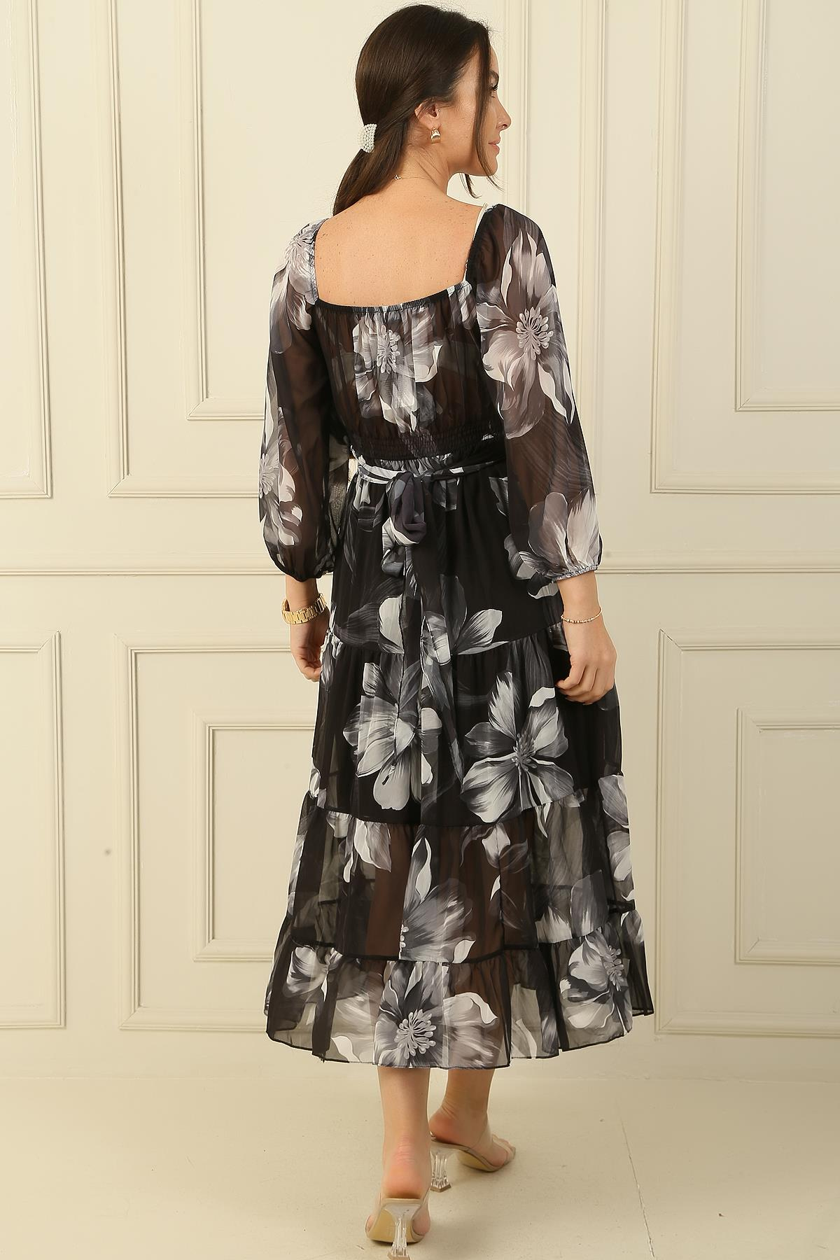 S-24K0840005Madonna Yaka Astarlı Çapraz Bağlamalı Çiçekli Kruvaze Şifon Elbise