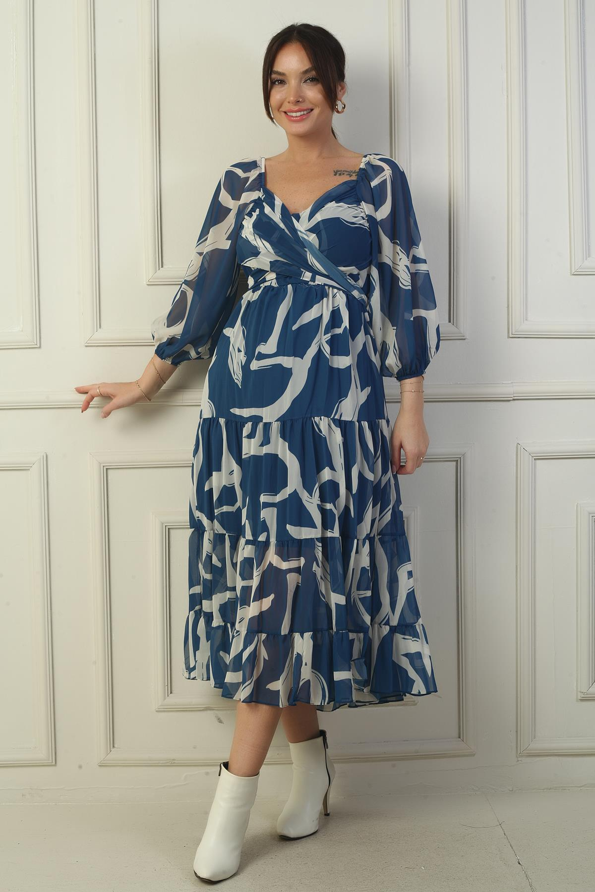 S-24K0840006Madonna Lined Collar Cross-Tie Abstract Pattern Double-Breasted Chiffon Dress