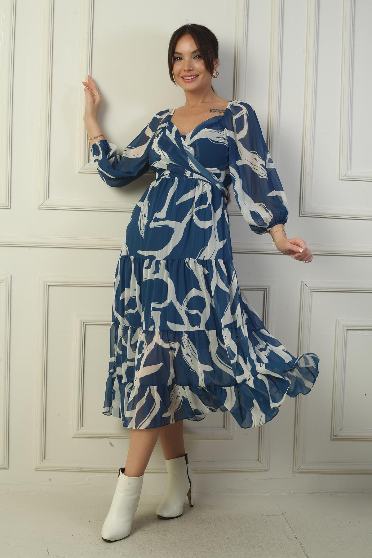 S-24K0840006Madonna Lined Collar Cross-Tie Abstract Pattern Double-Breasted Chiffon Dress