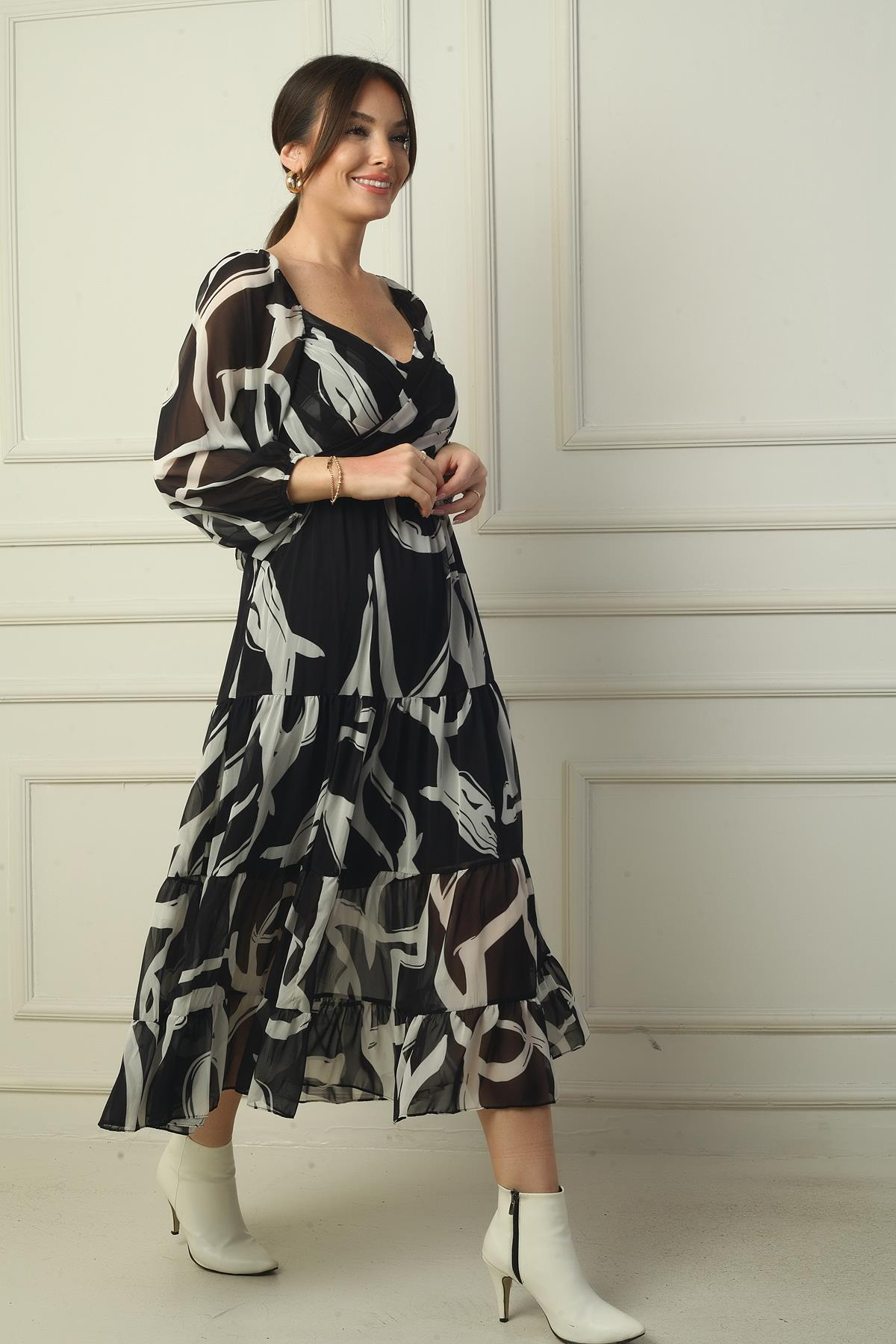 S-24K0840006Madonna Lined Collar Cross-Tie Abstract Pattern Double-Breasted Chiffon Dress