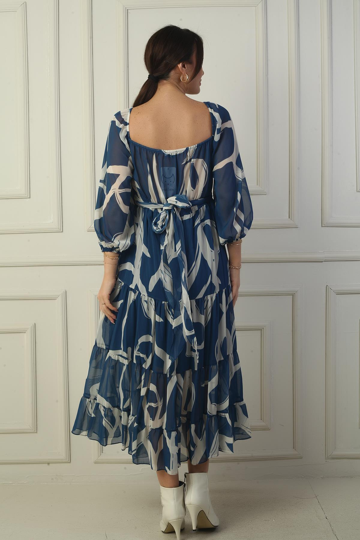 S-24K0840006Madonna Lined Collar Cross-Tie Abstract Pattern Double-Breasted Chiffon Dress