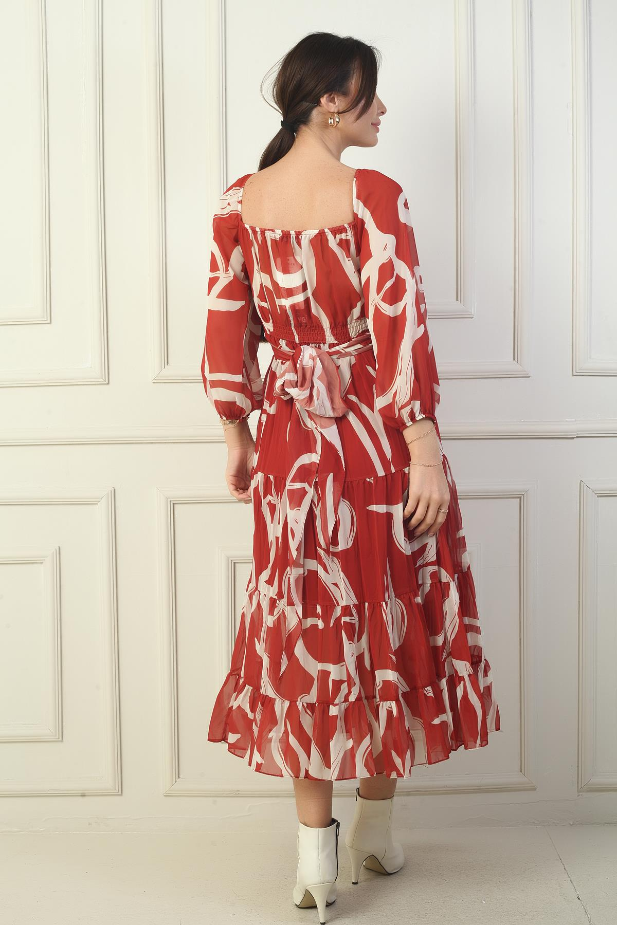 S-24K0840006Madonna Yaka Astarlı Çapraz Bağlamalı Soyut Desen Kruvaze Şifon Elbise