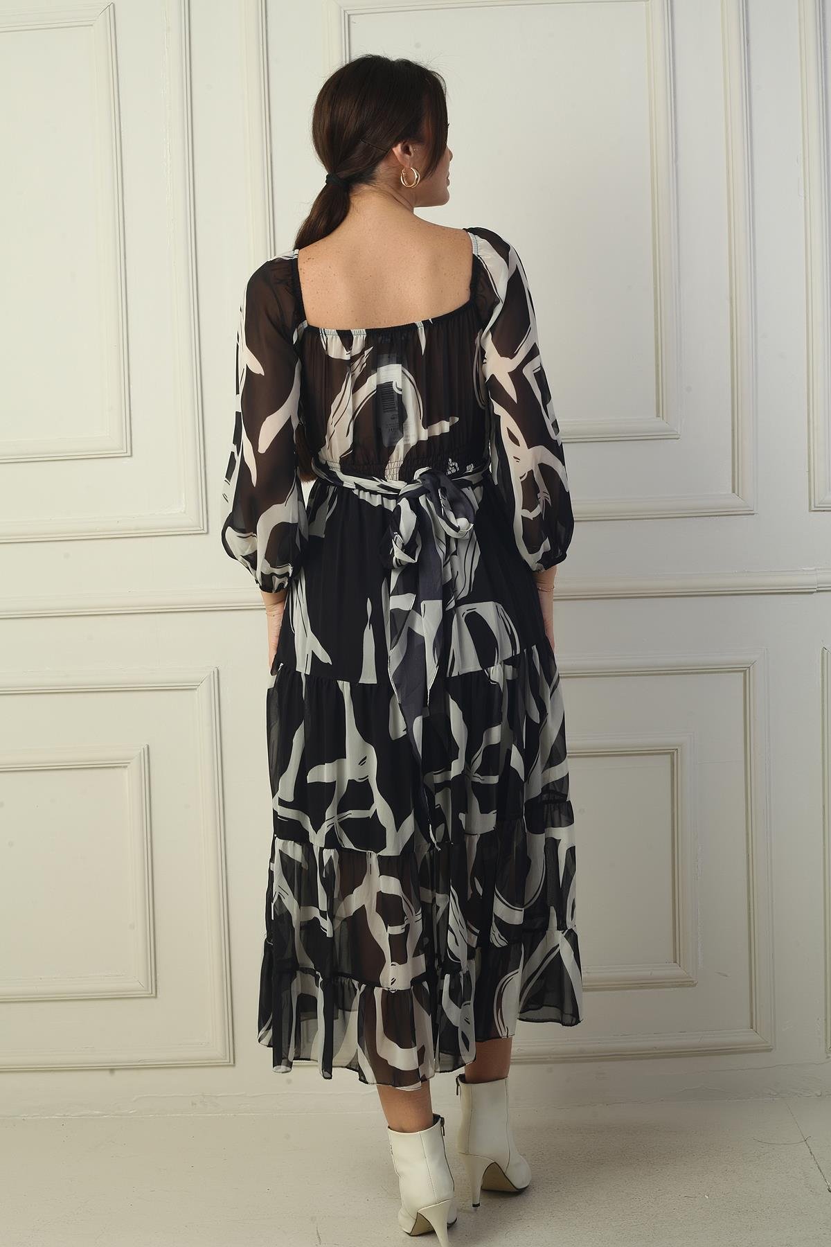 S-24K0840006Madonna Lined Collar Cross-Tie Abstract Pattern Double-Breasted Chiffon Dress