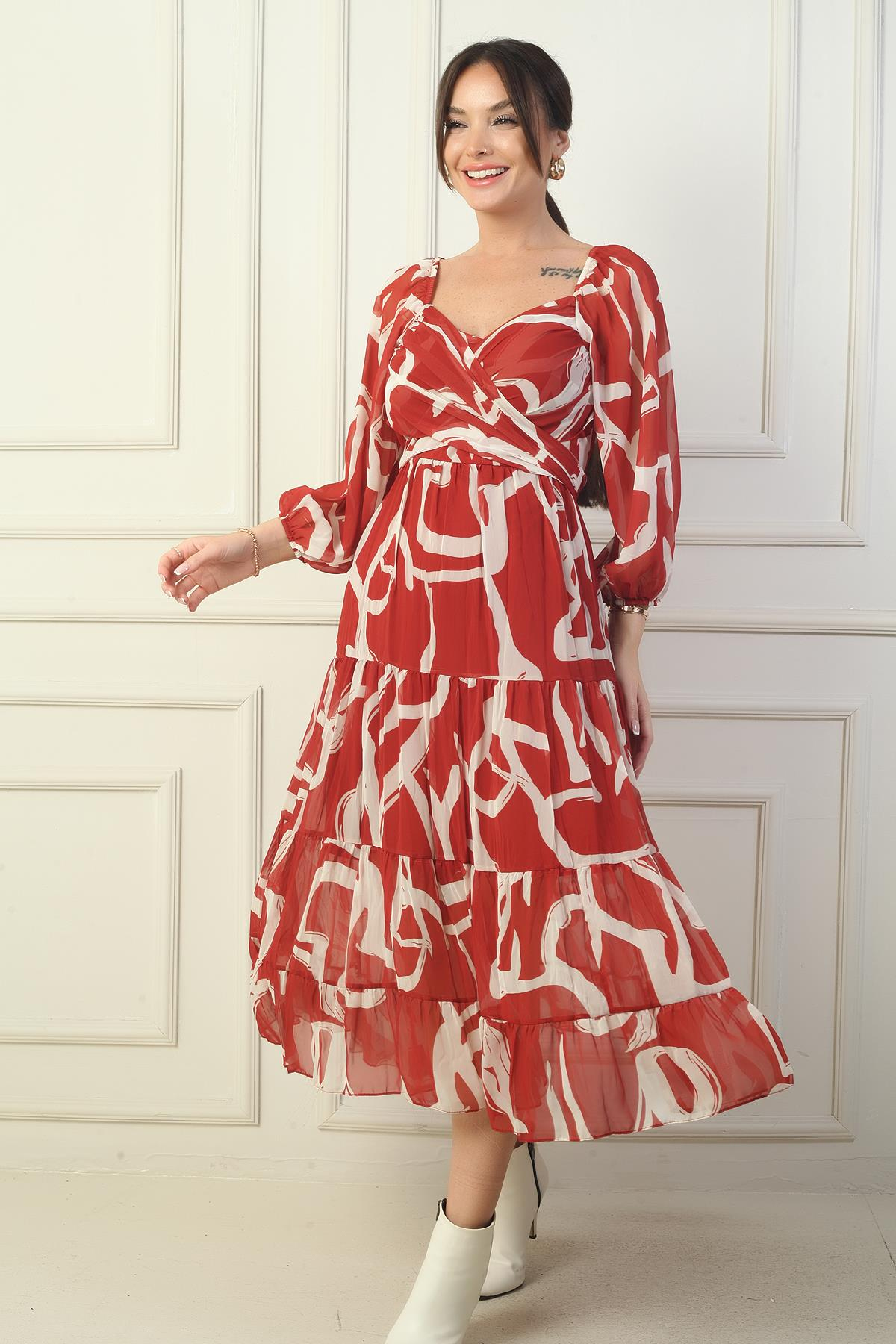 S-24K0840006Madonna Yaka Astarlı Çapraz Bağlamalı Soyut Desen Kruvaze Şifon Elbise