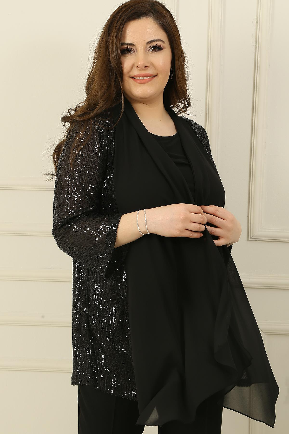 S-24K0910001Kadın İçi Kolsuz Bluz Şal Yaka Şifon Detaylı Pulpayet Ceket Büyük Beden  2 'li Takım