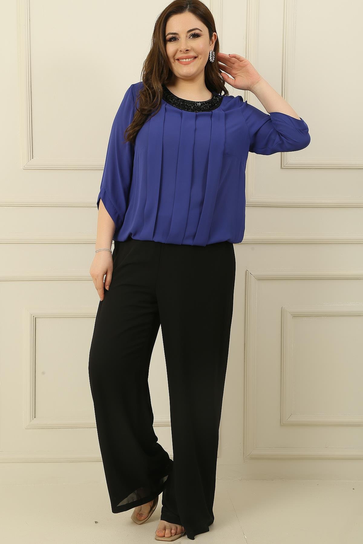 S-24K0910002Kadın Beli Lastikli Astarlı Palazzo Büyük Beden Şifon Pantolon