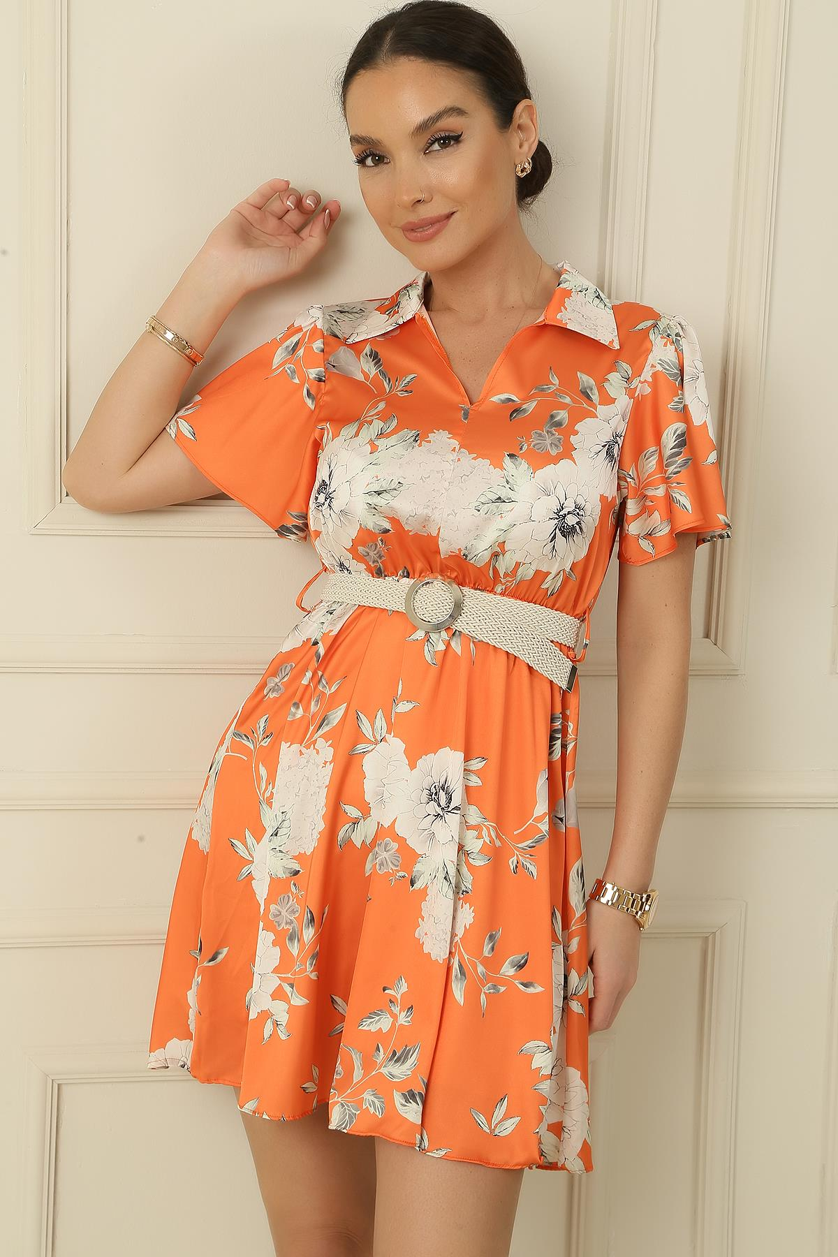 S-24K1520007Polo Collar Floral Satin Dress Waist Large Arched Coated