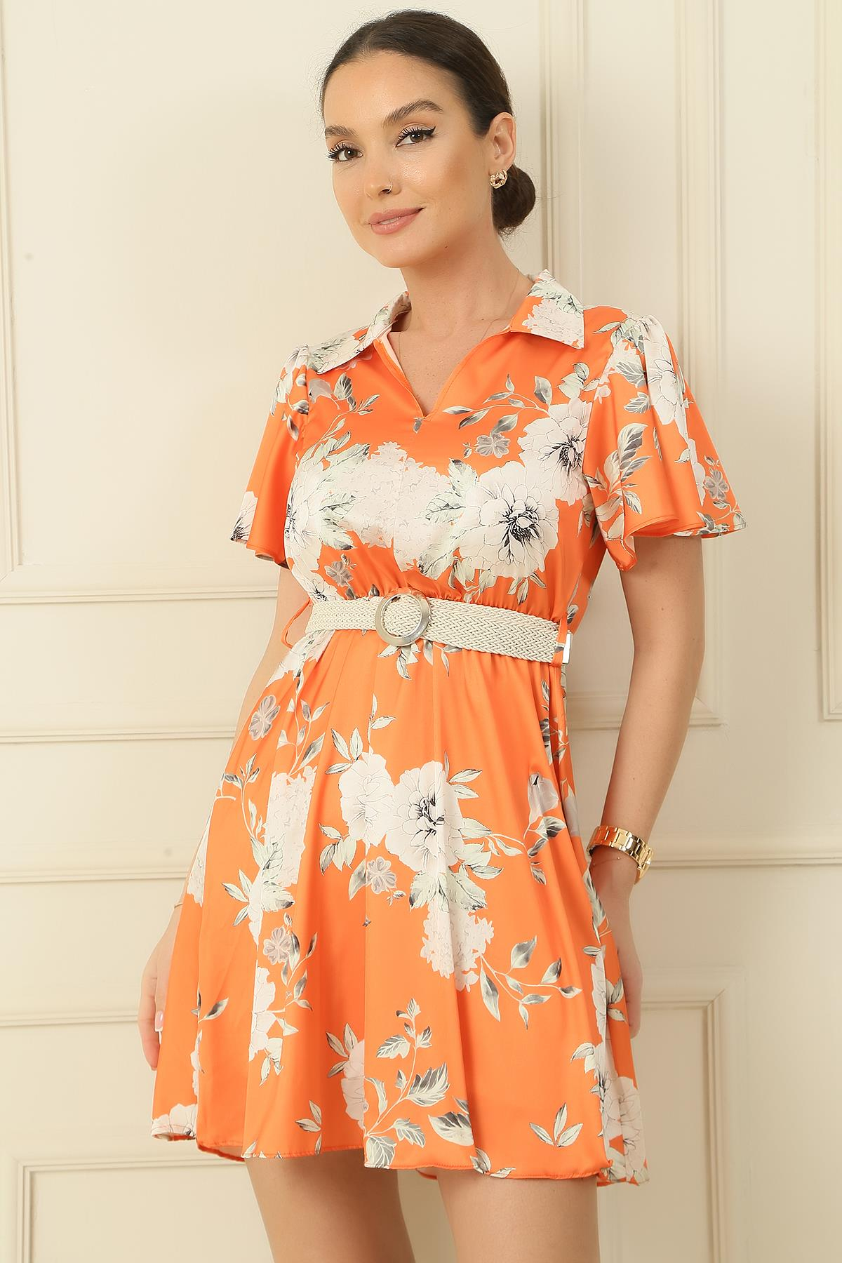 S-24K1520007Polo Collar Floral Satin Dress Waist Large Arched Coated