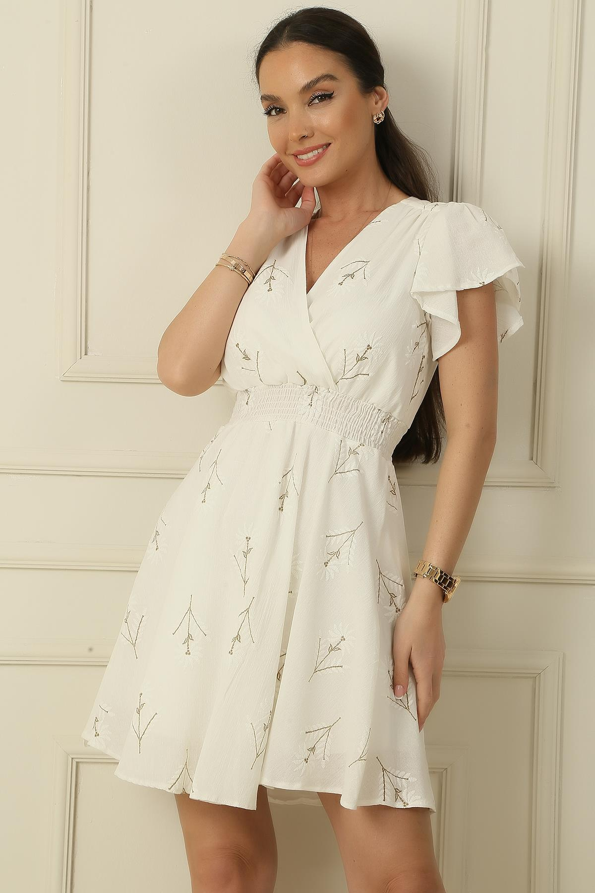 S-24K1520008Double-Breasted Lapel Short Sleeve Floral Embroidered Dress Lined Waist Gipel