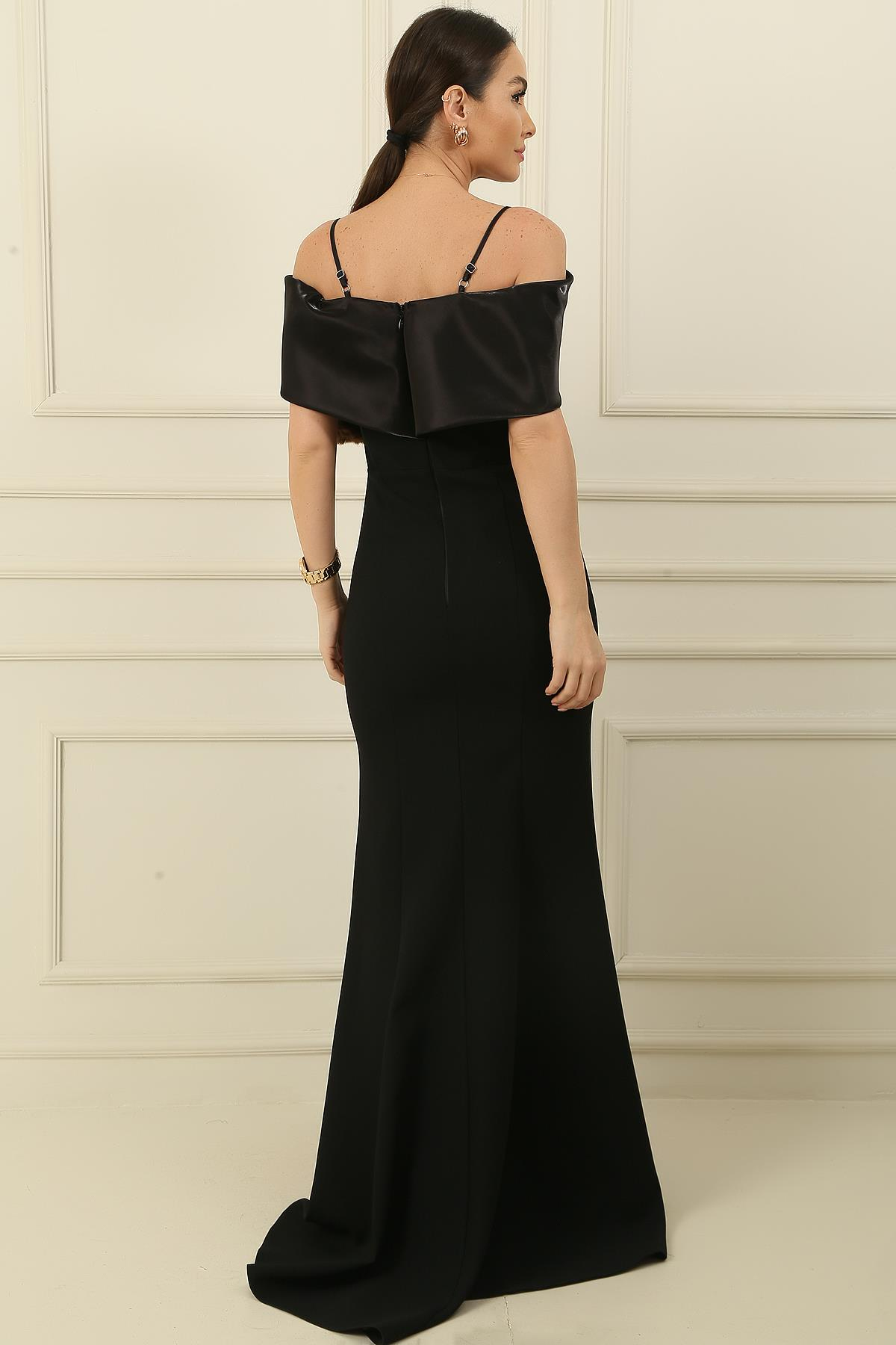 S-24K3630006İp Askılı Balenli Yakası Garnili Taşlı Astarlı İthal Krep Full Telalı Uzun Elbise