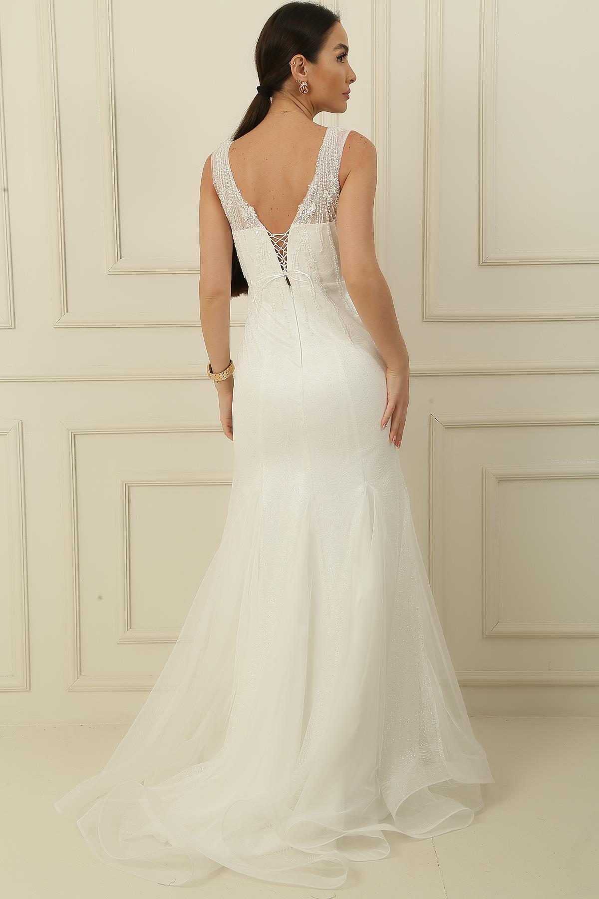 S-24K3800001Pul Ve Boncuklu Astarlı Arkası Bağlamalı Simli Uzun Balık Elbise