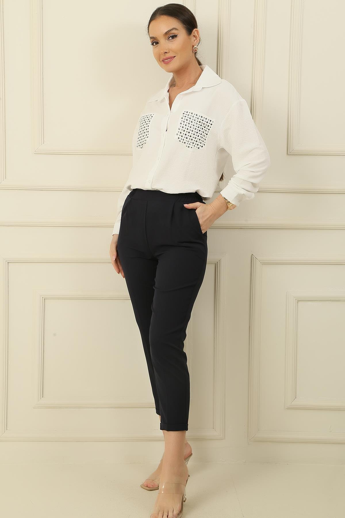 S-24K3970002Beli Lastikli Önü Cepli Tek Pile Dar Paça Geniş Beden Aralıklı Pantolon