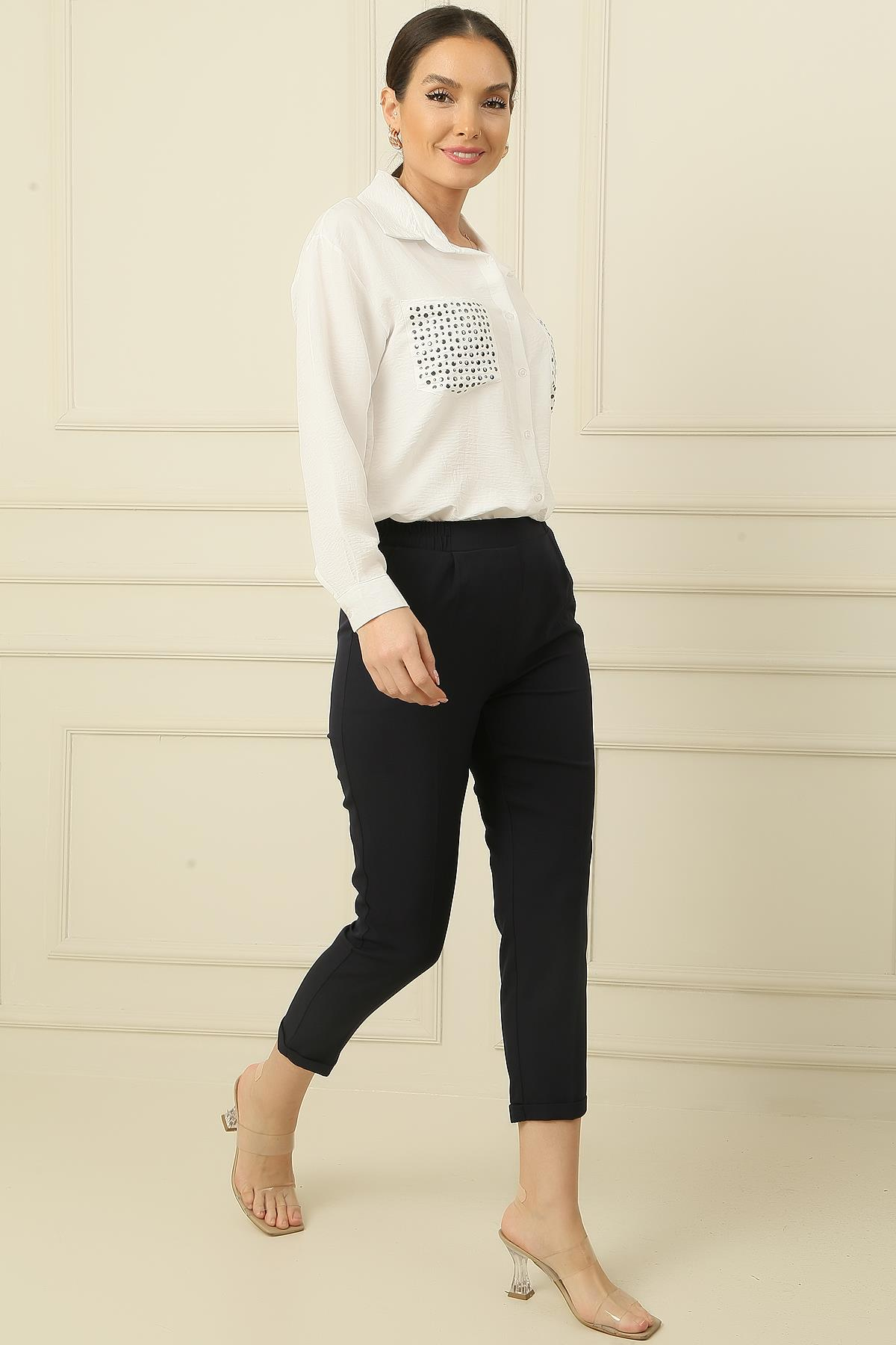 S-24K3970002Beli Lastikli Önü Cepli Tek Pile Dar Paça Geniş Beden Aralıklı Pantolon