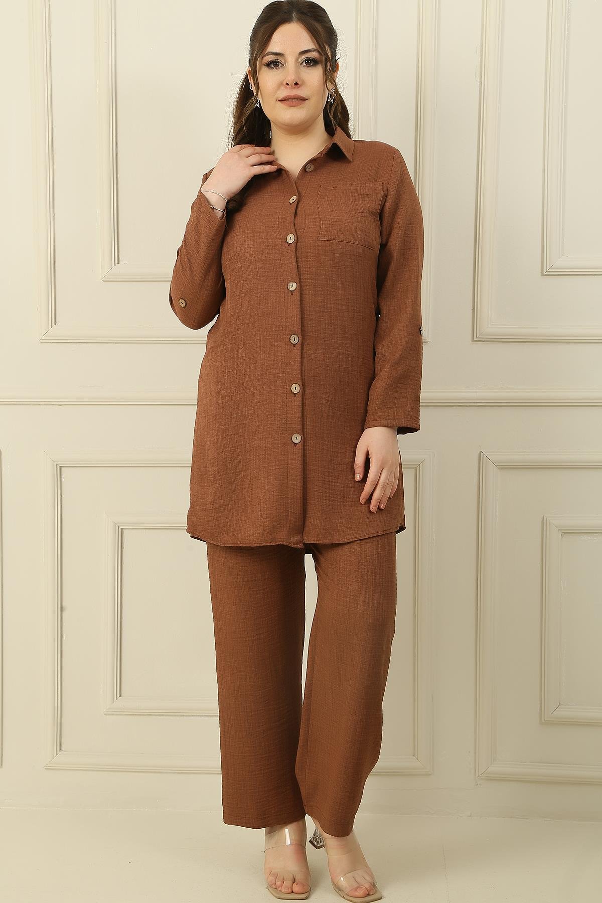 S-24K3970003Linen Pants large size elastic waist Palazzo sleeve one pocket shirt with fold Effect 2-team