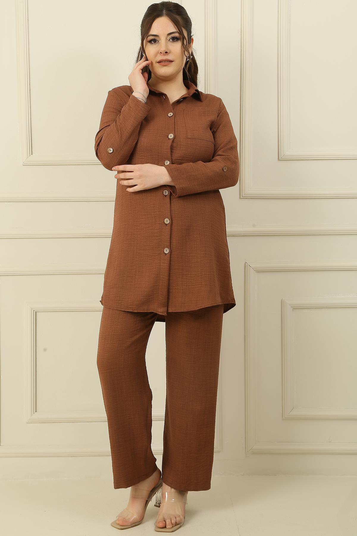 S-24K3970003Linen Pants large size elastic waist Palazzo sleeve one pocket shirt with fold Effect 2-team